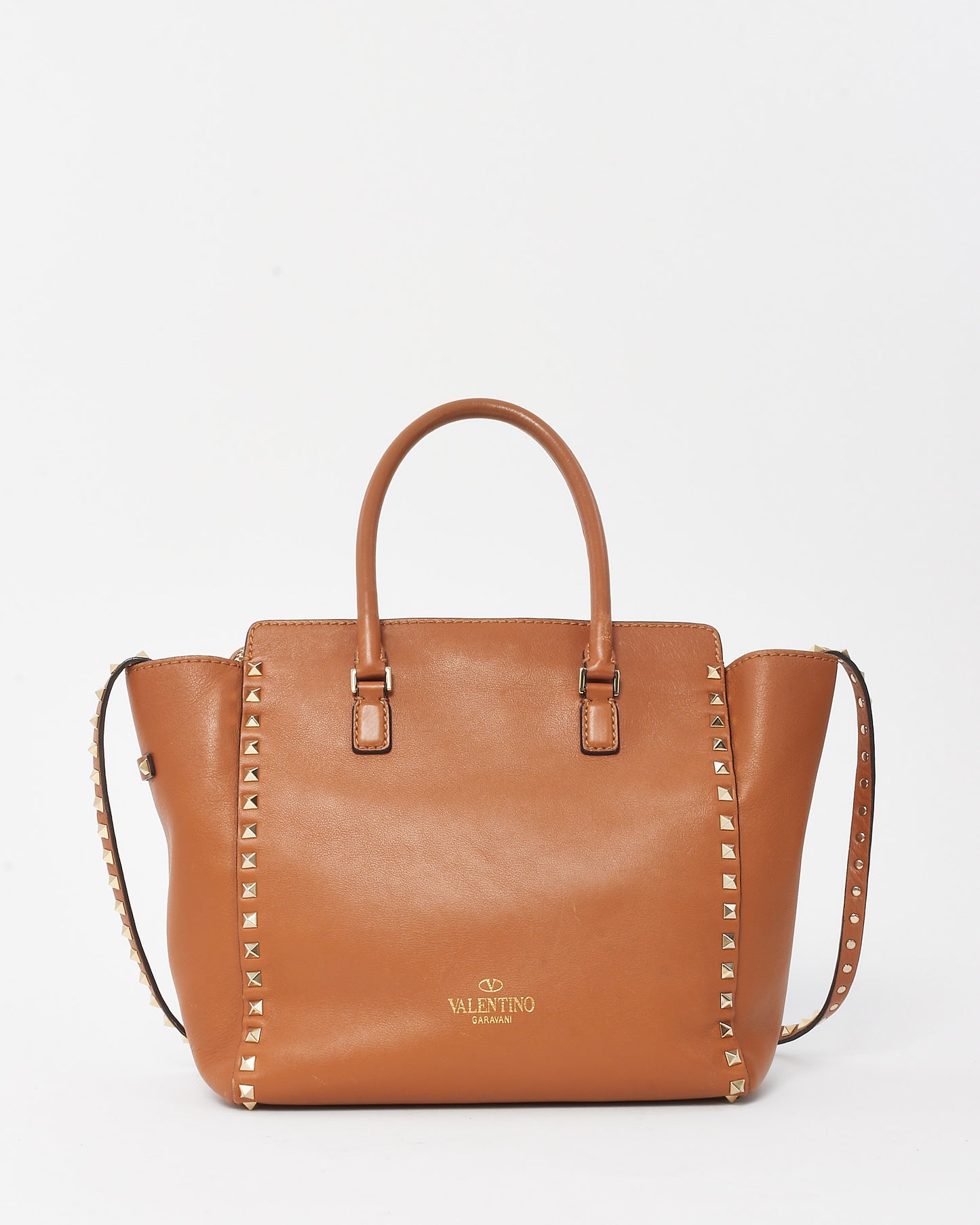 Valentino Camel Brown Leather Rockstud Convertible Flip Lock Tote with Strap