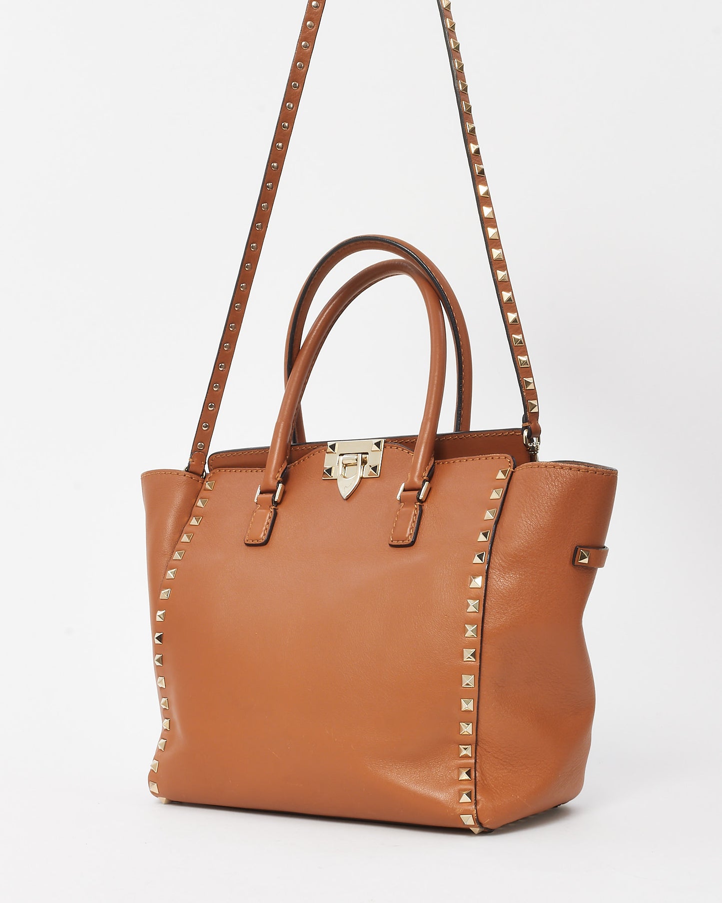 Valentino Camel Brown Leather Rockstud Convertible Flip Lock Tote with Strap