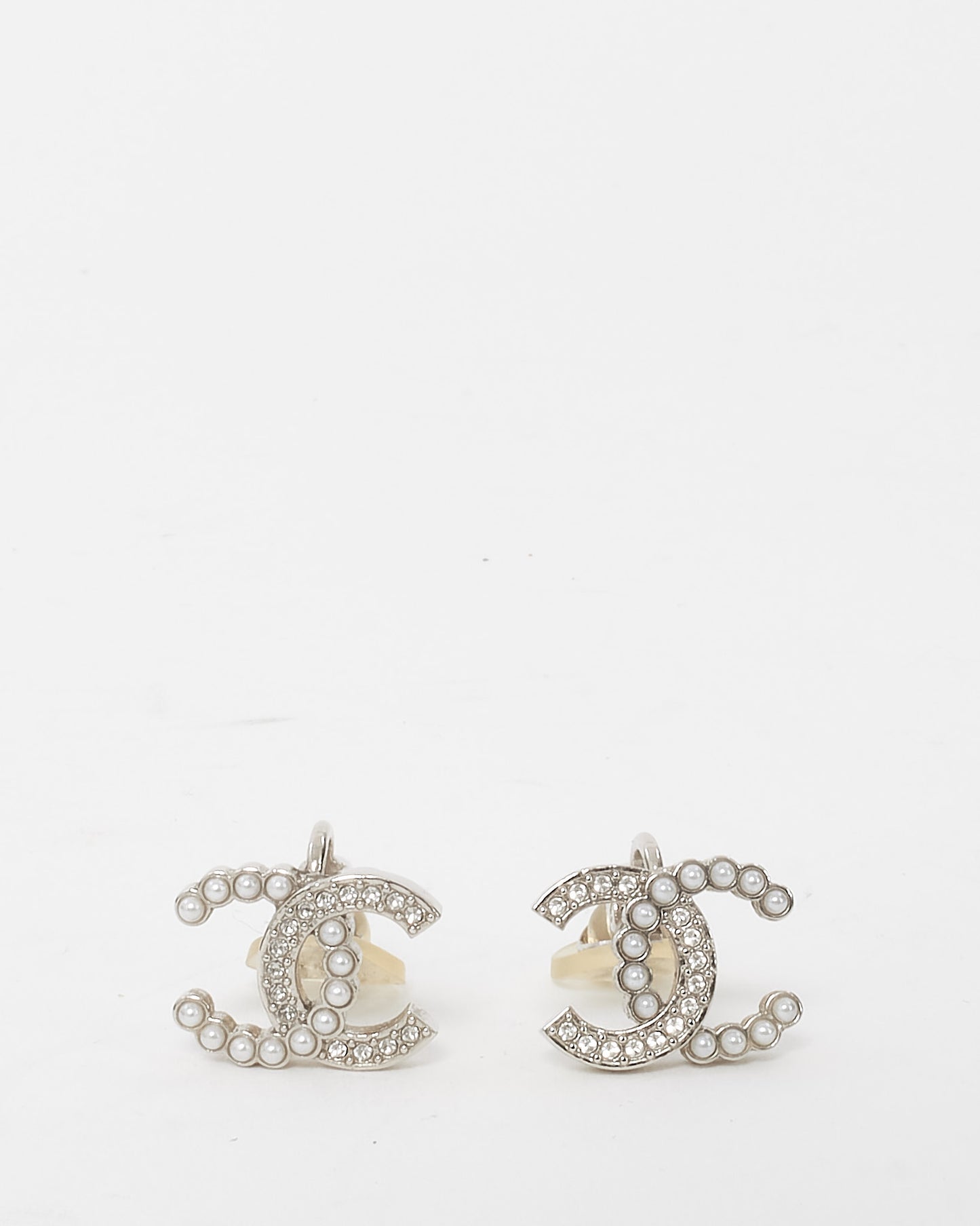 Chanel Silver Pearl and Crystal Strass CC Logo Clip-On Earrings
