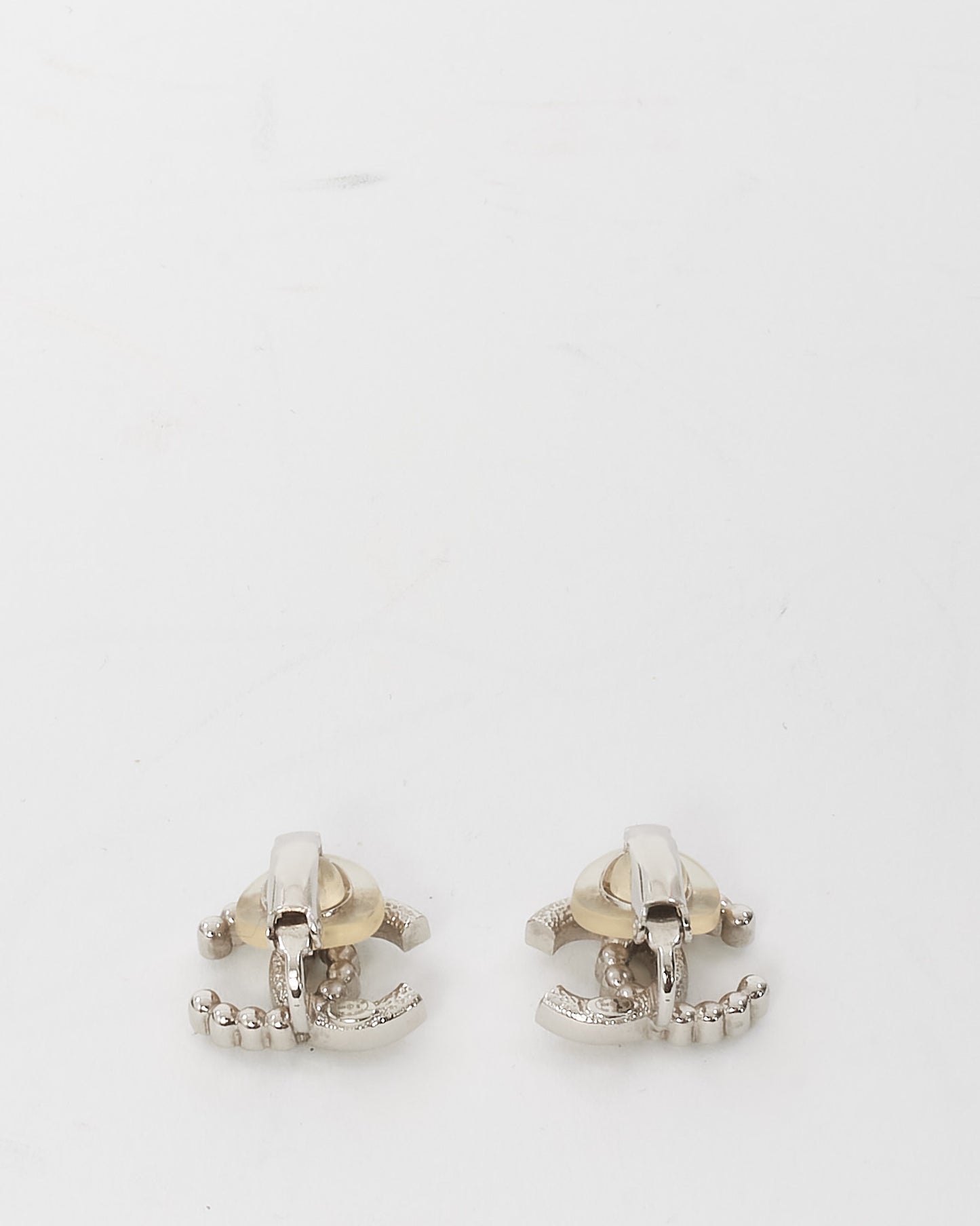 Chanel Silver Pearl and Crystal Strass CC Logo Clip-On Earrings