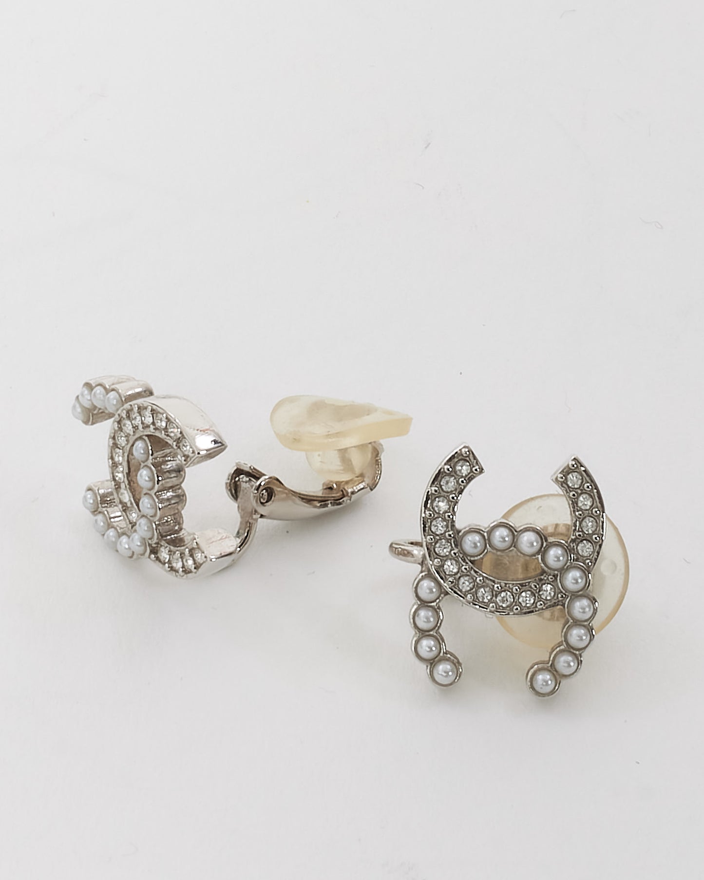 Chanel Silver Pearl and Crystal Strass CC Logo Clip-On Earrings