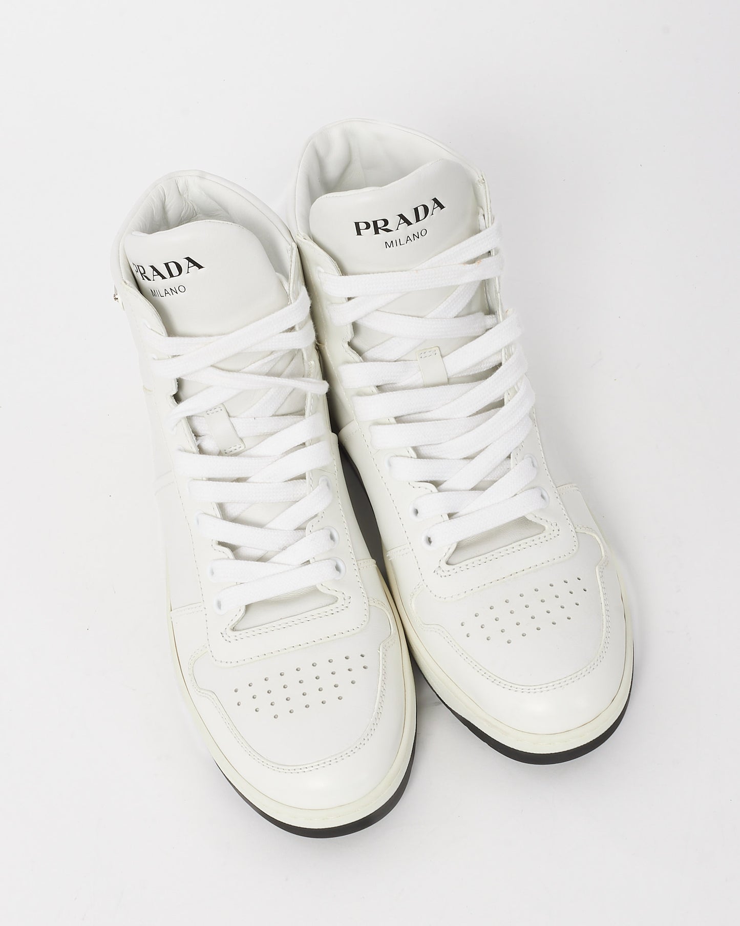 Prada Men's White Leather Logo High-Top Sneakers - 39.5 MEN