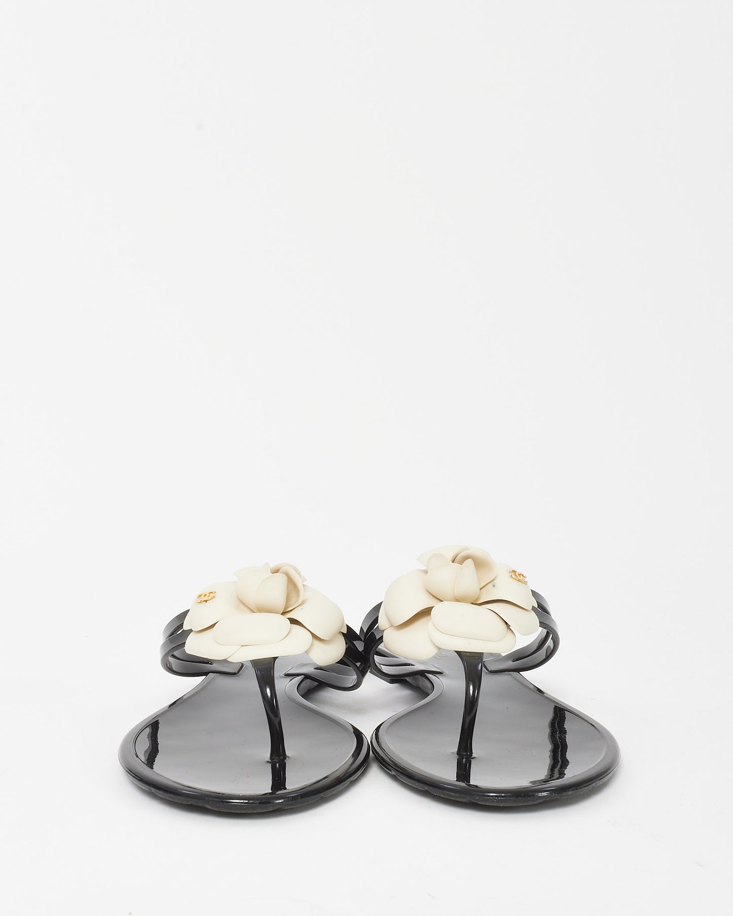 Chanel Black PVC Rubber White Camellia Flower Flip Flop Sandals - 41
