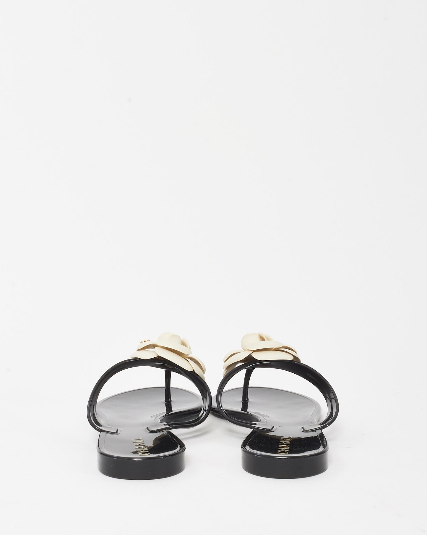 Chanel Black PVC Rubber White Camellia Flower Flip Flop Sandals - 41