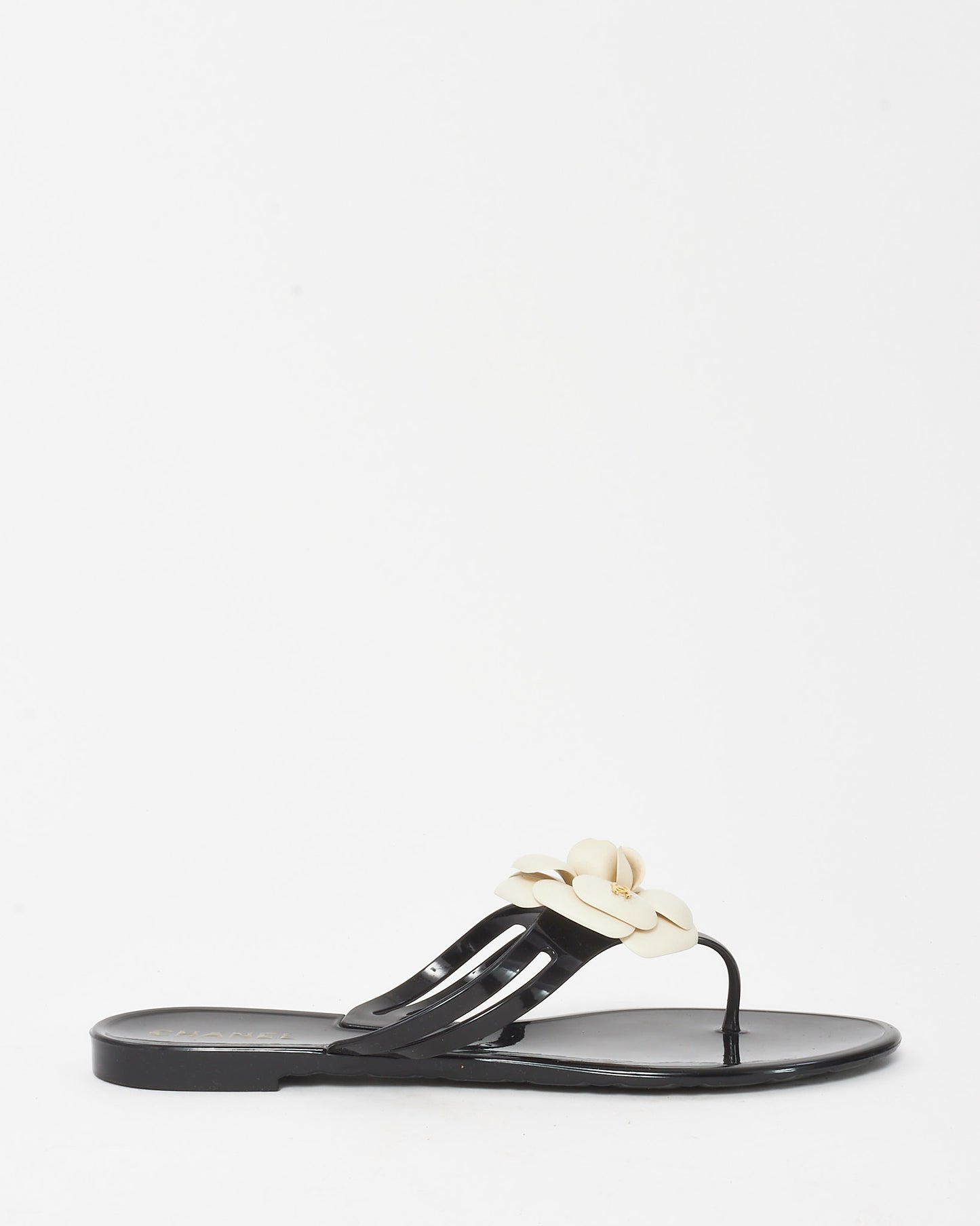 Chanel Black PVC Rubber White Camellia Flower Flip Flop Sandals - 41
