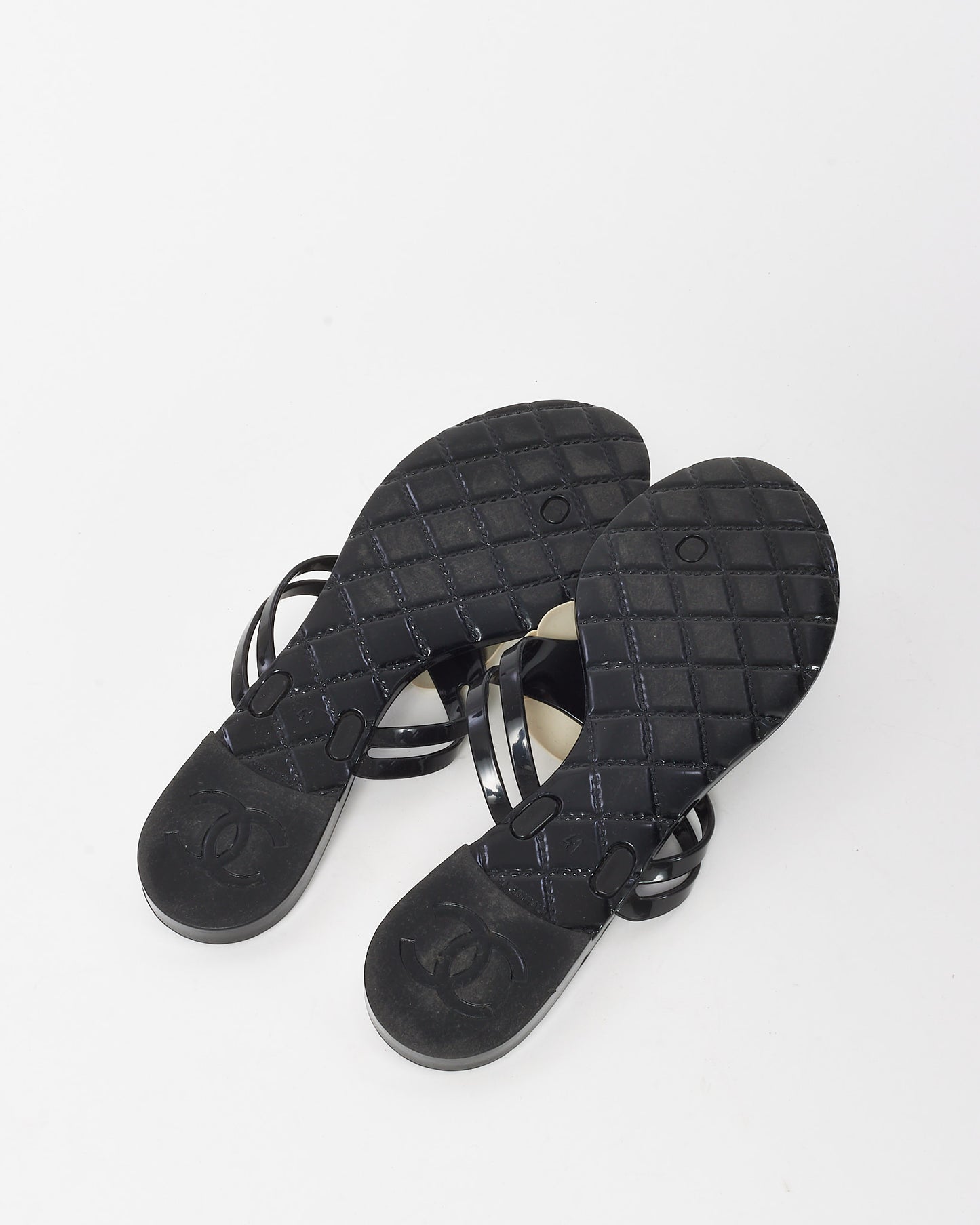 Chanel Black PVC Rubber White Camellia Flower Flip Flop Sandals - 41