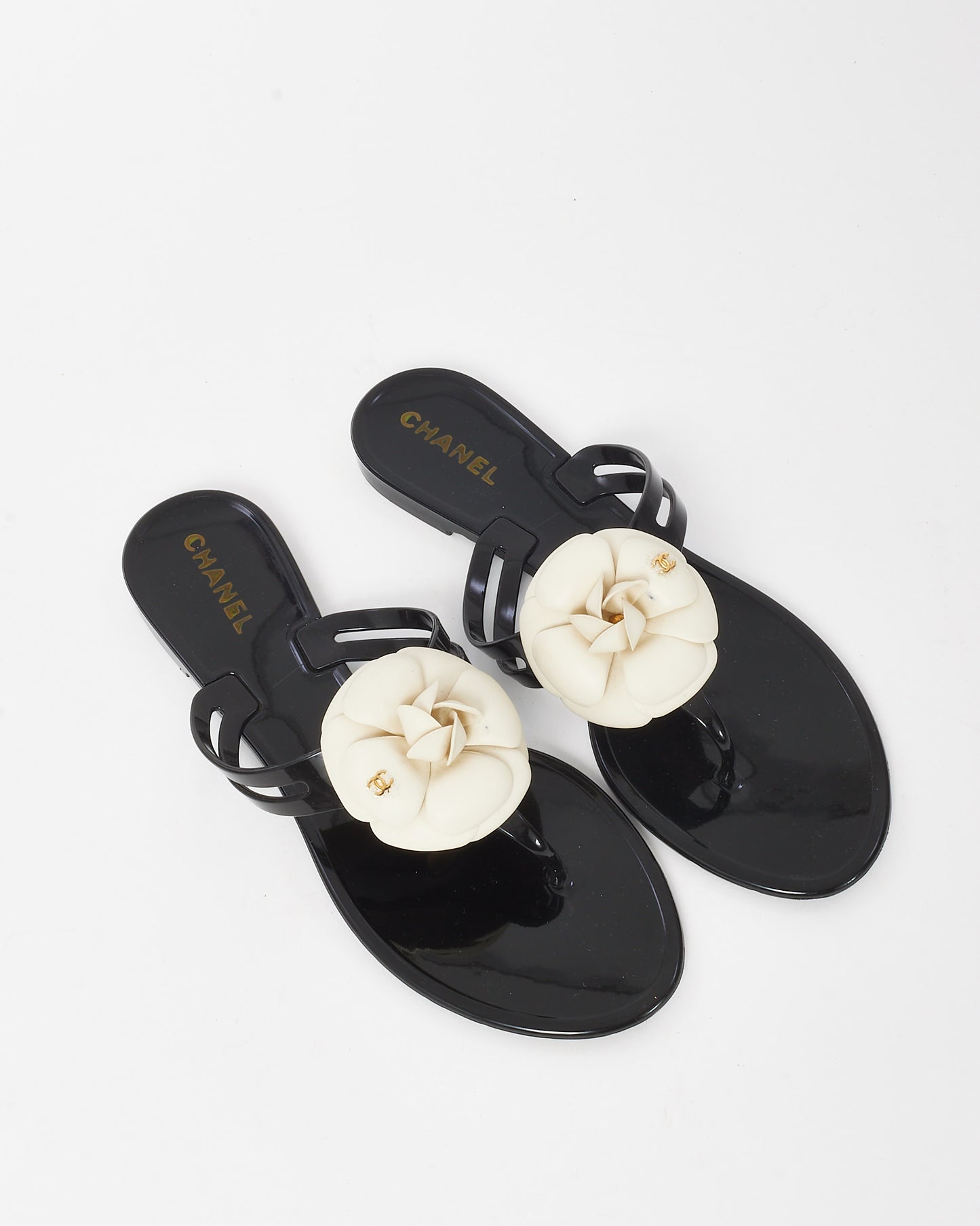 Chanel Black PVC Rubber White Camellia Flower Flip Flop Sandals - 41