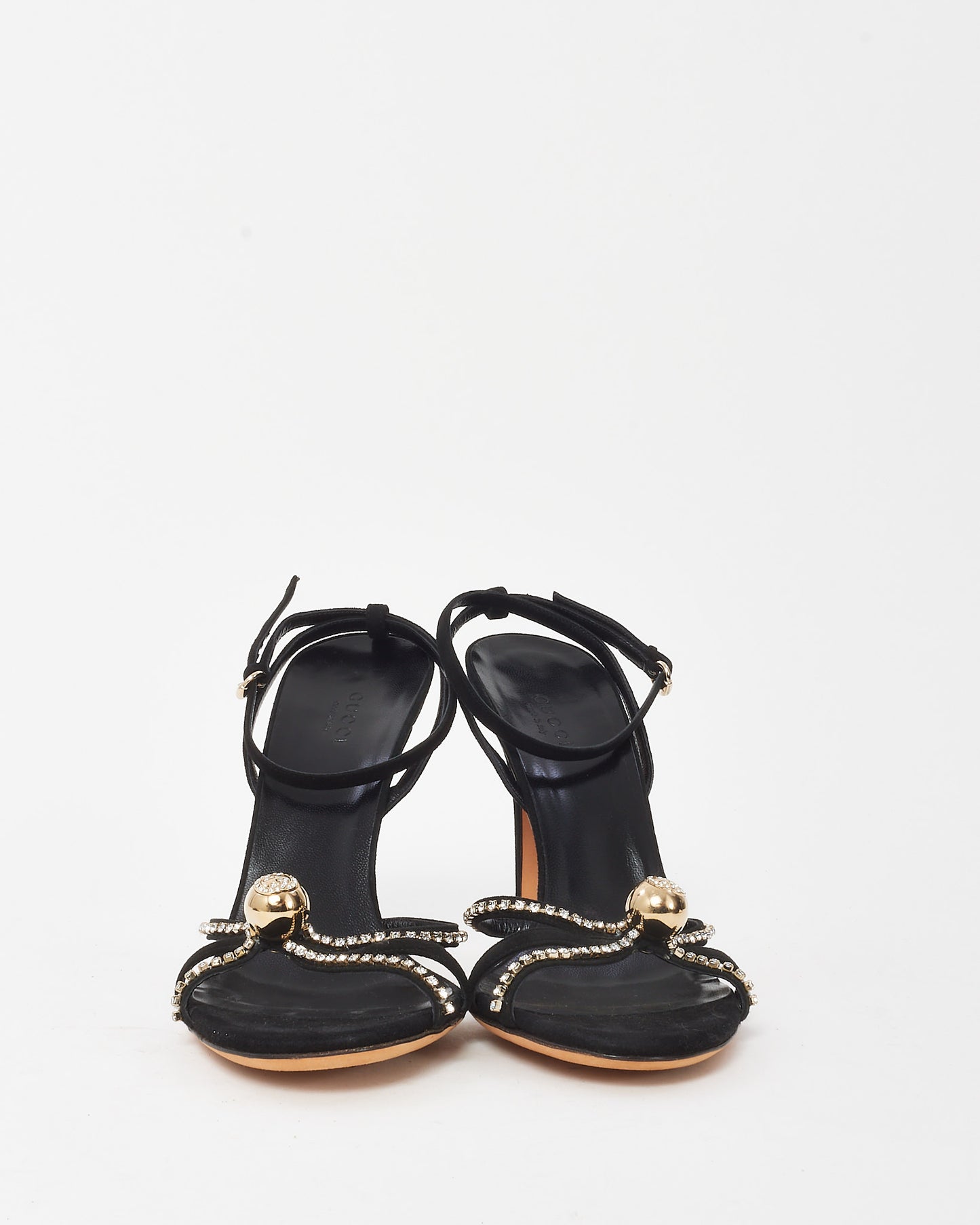 Gucci Vintage Black Suede Crystal Ball Logo Strappy Sandals - 9
