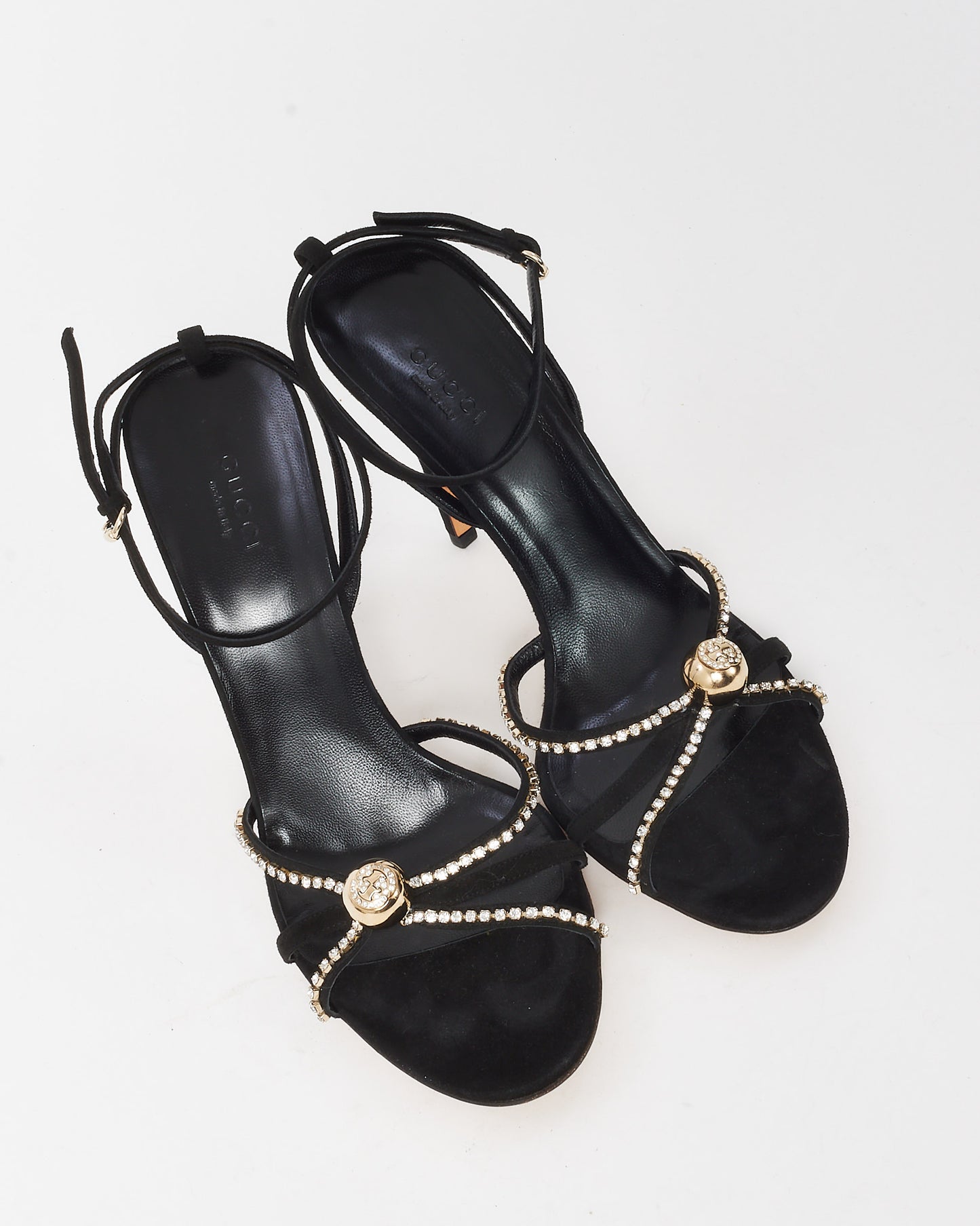 Gucci Vintage Black Suede Crystal Ball Logo Strappy Sandals - 9