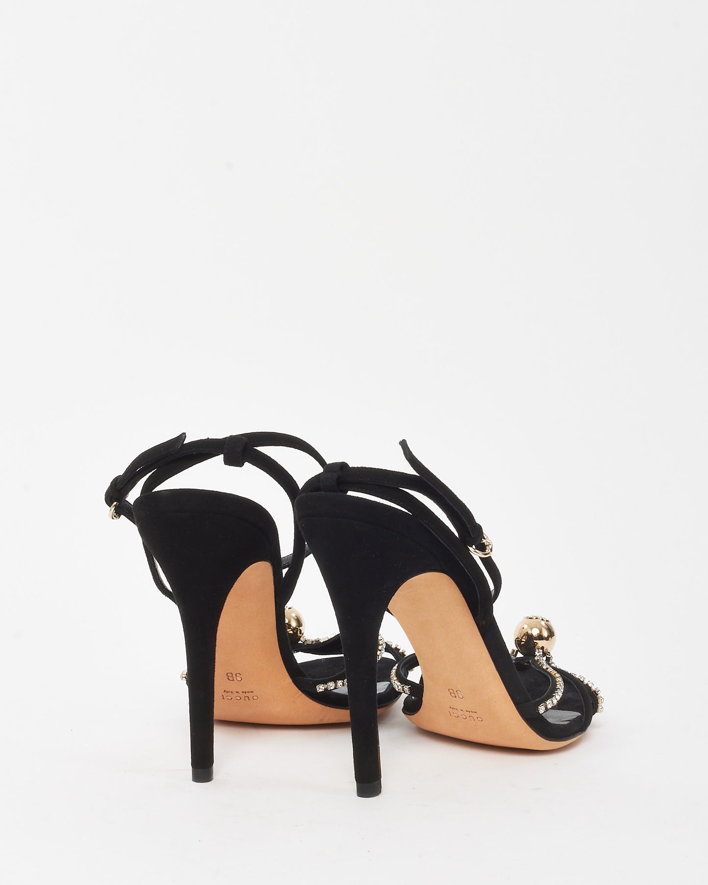Gucci Vintage Black Suede Crystal Ball Logo Strappy Sandals - 9