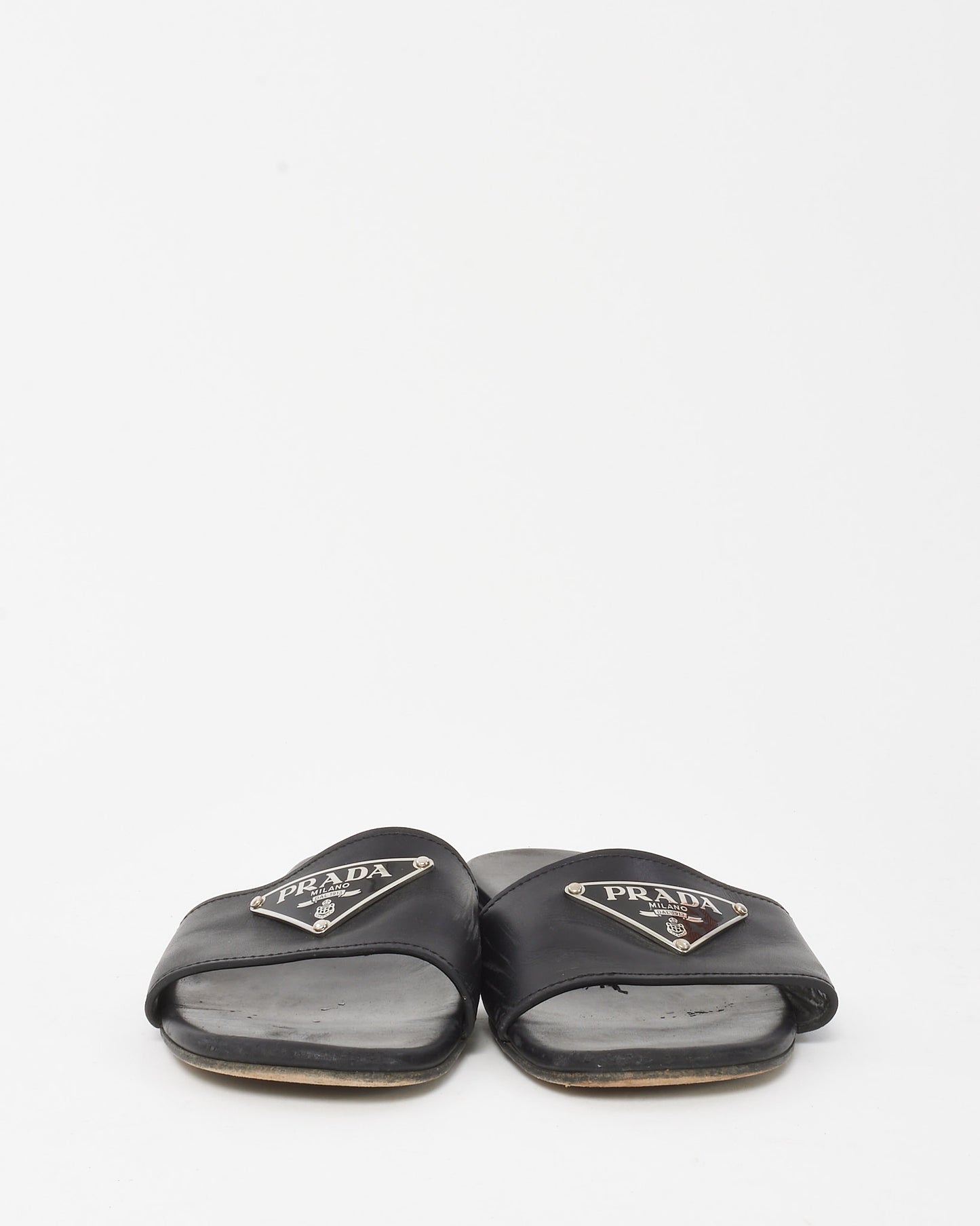 Prada Black Leather Logo Slide Sandals - 37.5