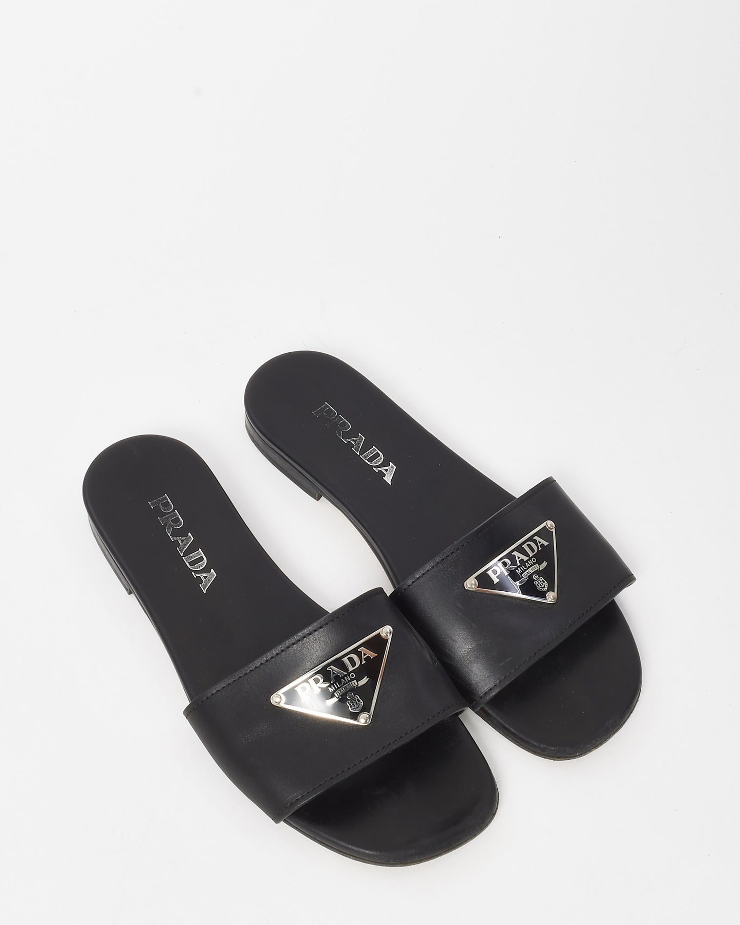 Prada Black Leather Logo Slide Sandals - 37.5