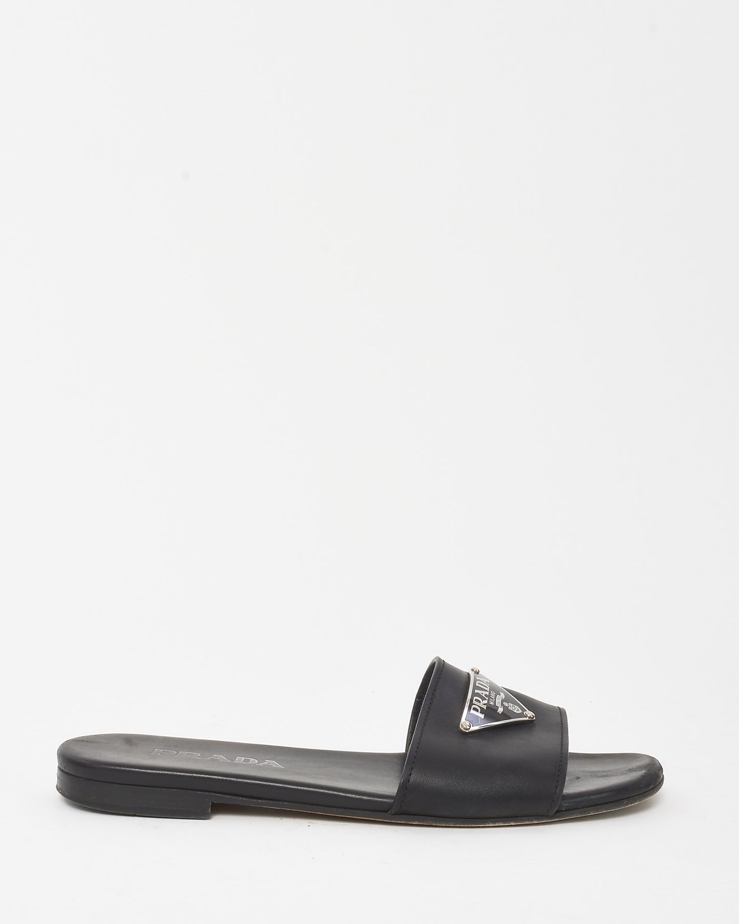 Prada Black Leather Logo Slide Sandals - 37.5