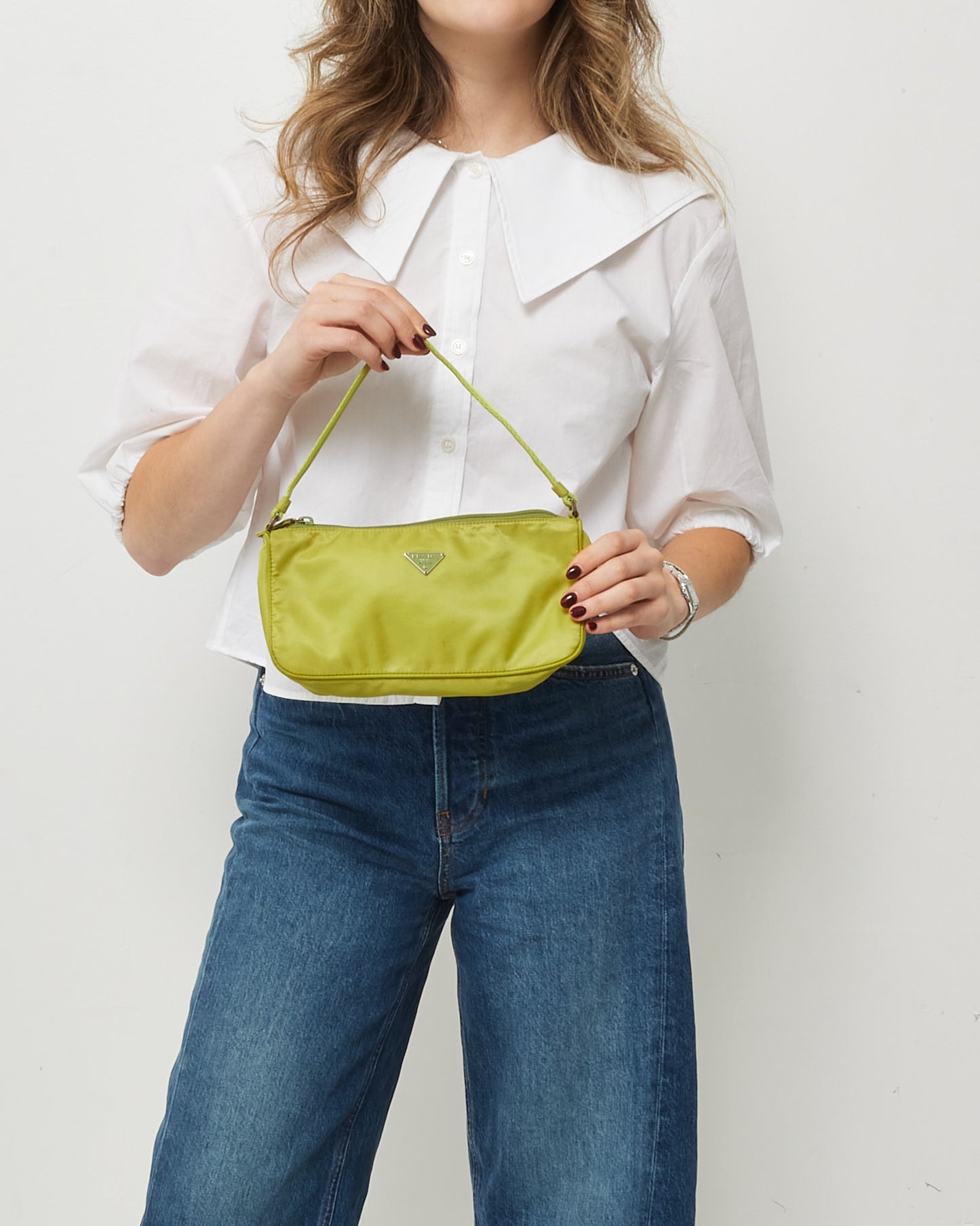 Prada Lime Green Vela Nylon Logo Baguette Shoulder Bag