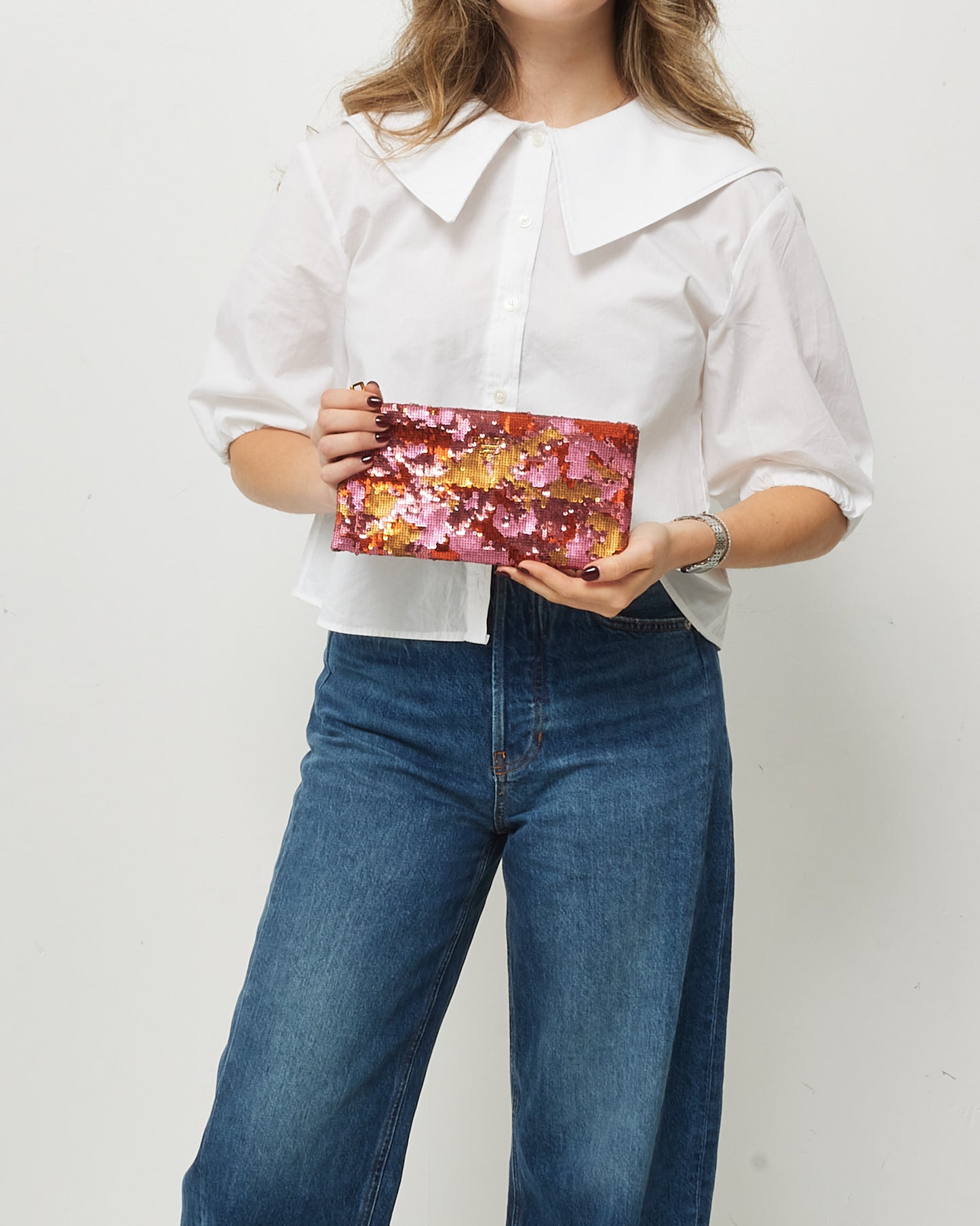 Prada Metallic Pink/Orange/Multi Geranio Paillettes Small Zip Pouch Clutch Bag