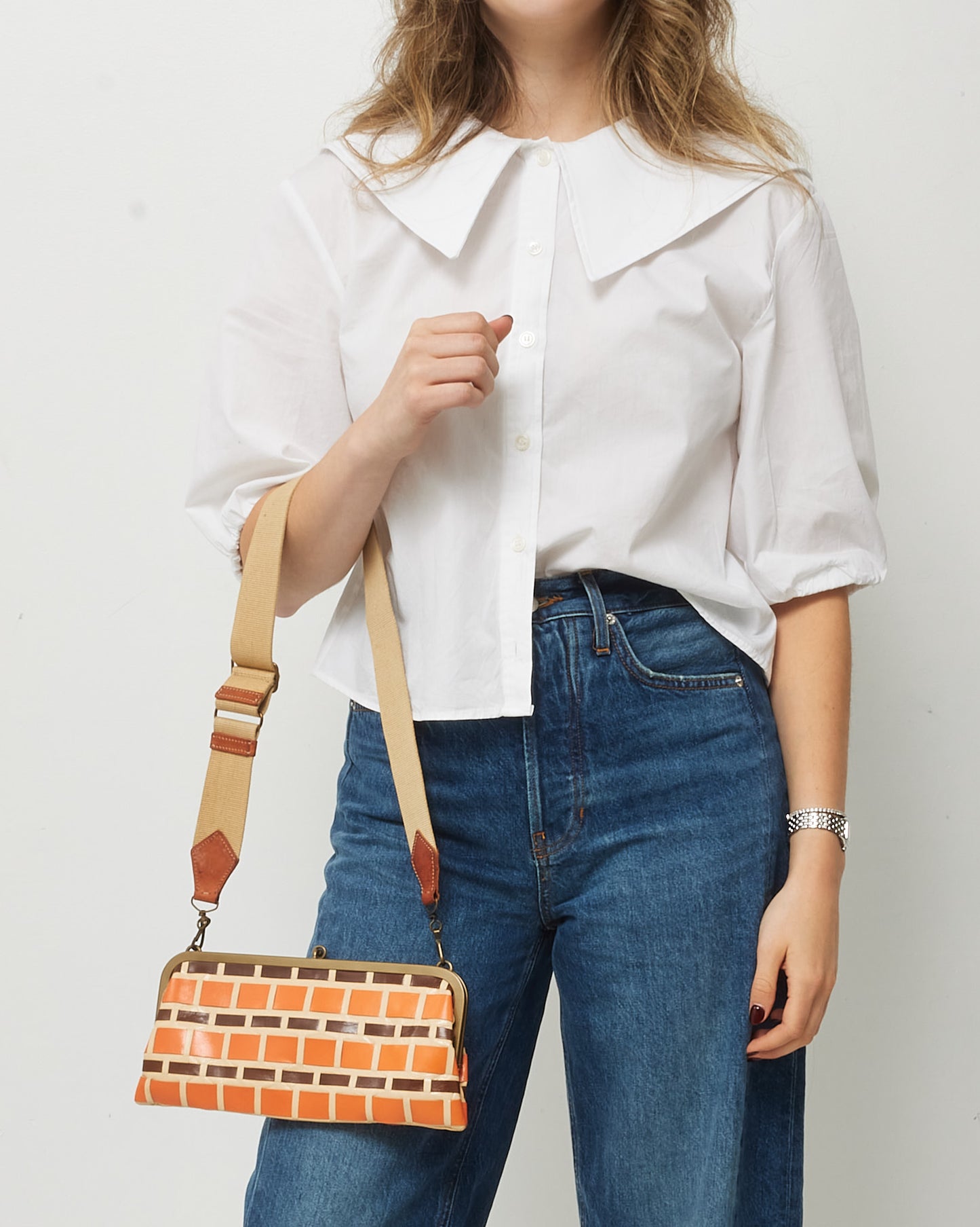 Miu Miu Vintage Orange/Beige/Brown 70's Brick Pattern Leather Clutch with Strap