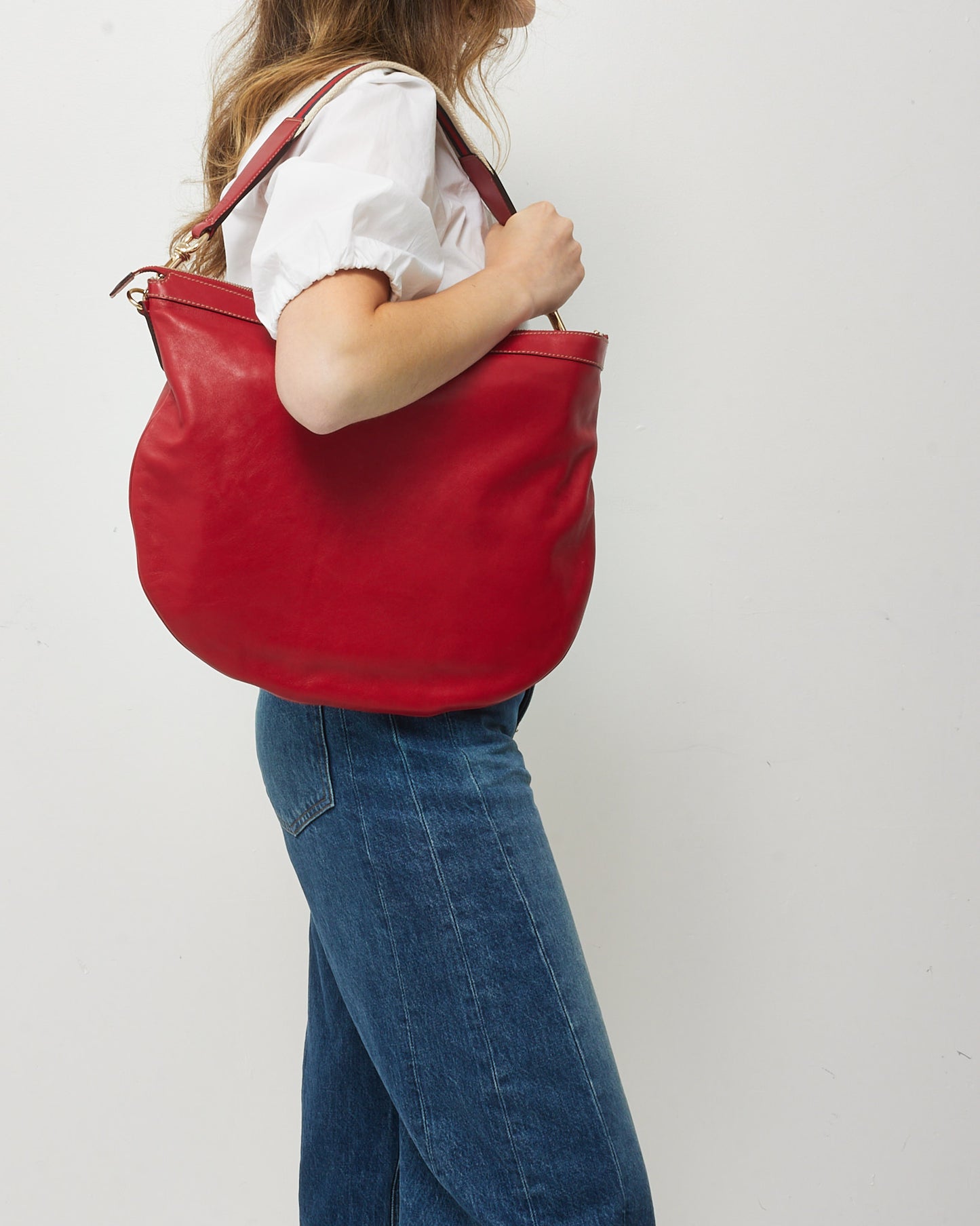 Gucci Red Calfskin Leather Web Strap Hobo Shoulder Bag