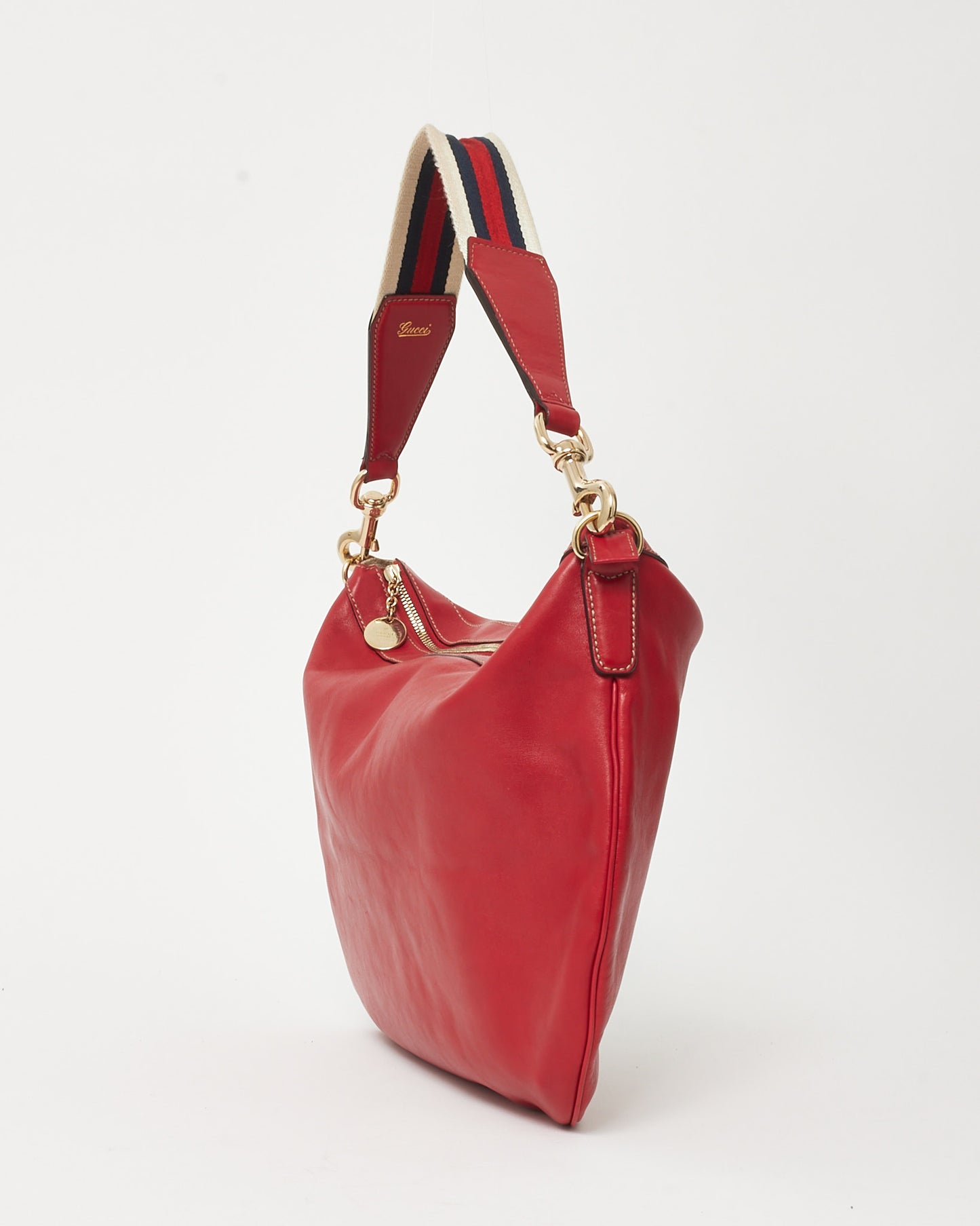 Gucci Red Calfskin Leather Web Strap Hobo Shoulder Bag