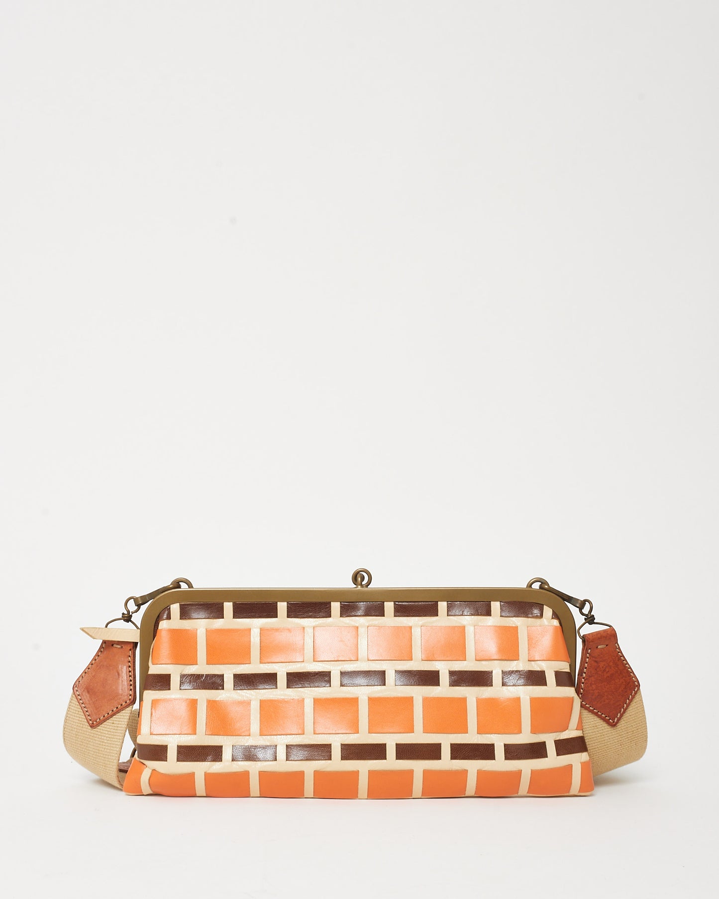 Miu Miu Vintage Orange/Beige/Brown 70's Brick Pattern Leather Clutch with Strap