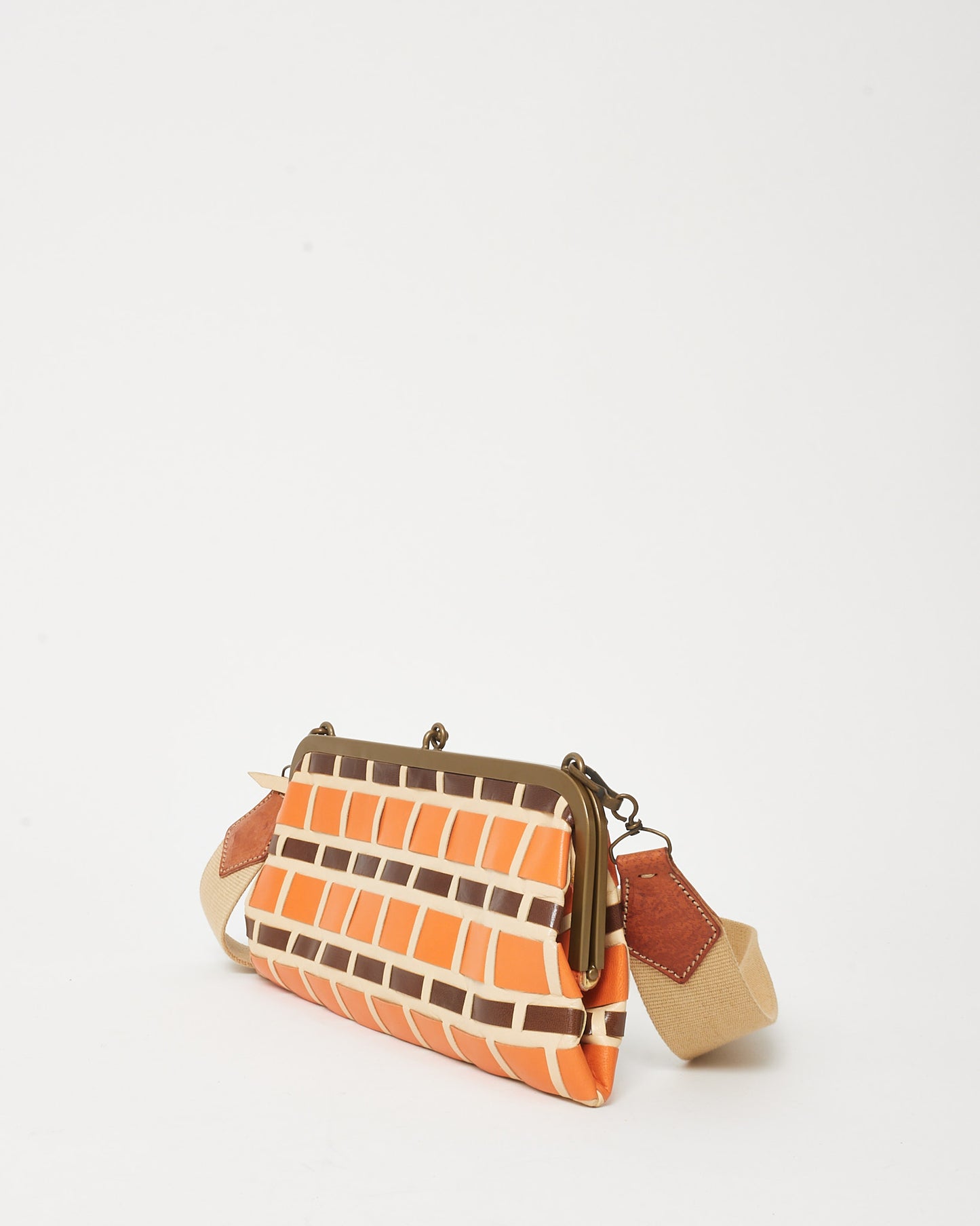 Miu Miu Vintage Orange/Beige/Brown 70's Brick Pattern Leather Clutch with Strap
