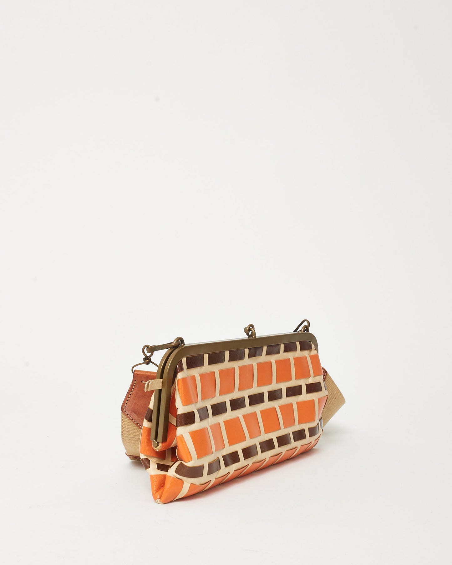 Miu Miu Vintage Orange/Beige/Brown 70's Brick Pattern Leather Clutch with Strap