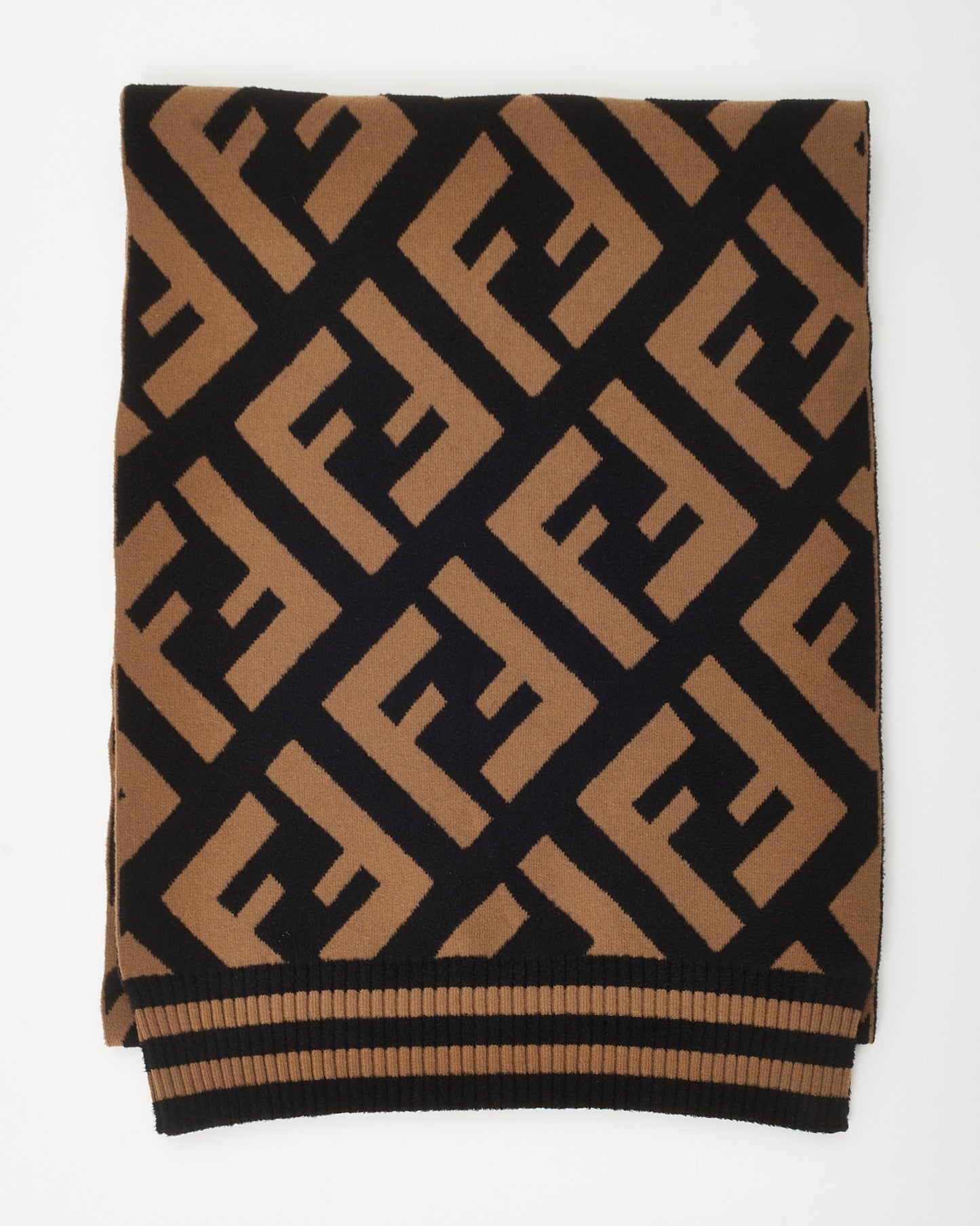 Fendi Black and Brown FF Logo Wool Blend Scarf
