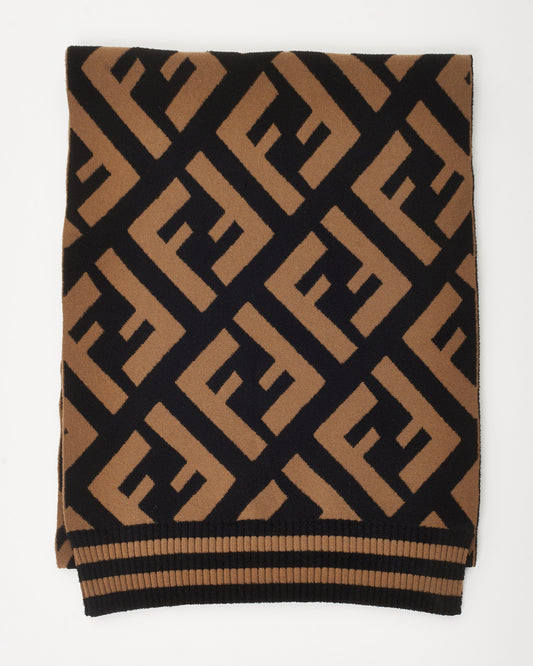 Fendi Black and Brown FF Logo Wool Blend Scarf