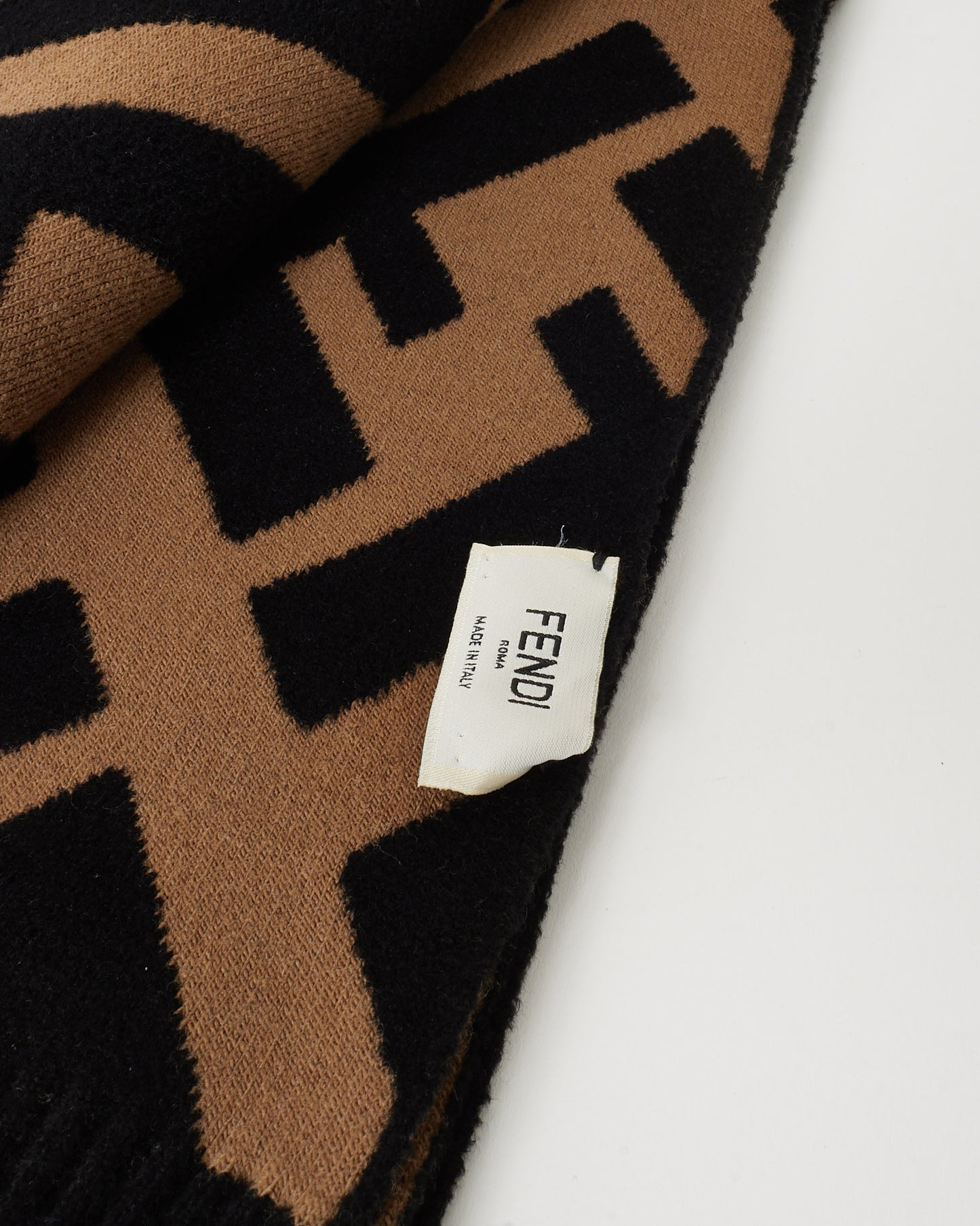 Fendi Black and Brown FF Logo Wool Blend Scarf