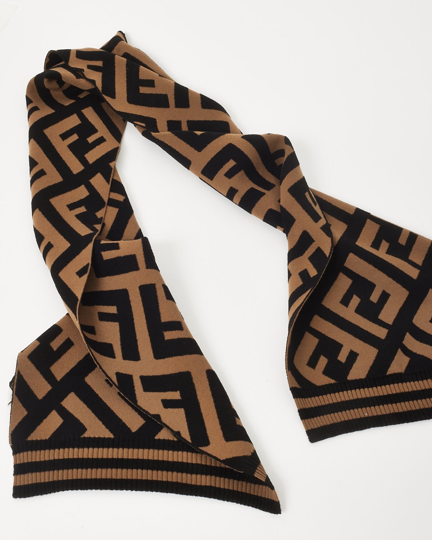 Fendi Black and Brown FF Logo Wool Blend Scarf