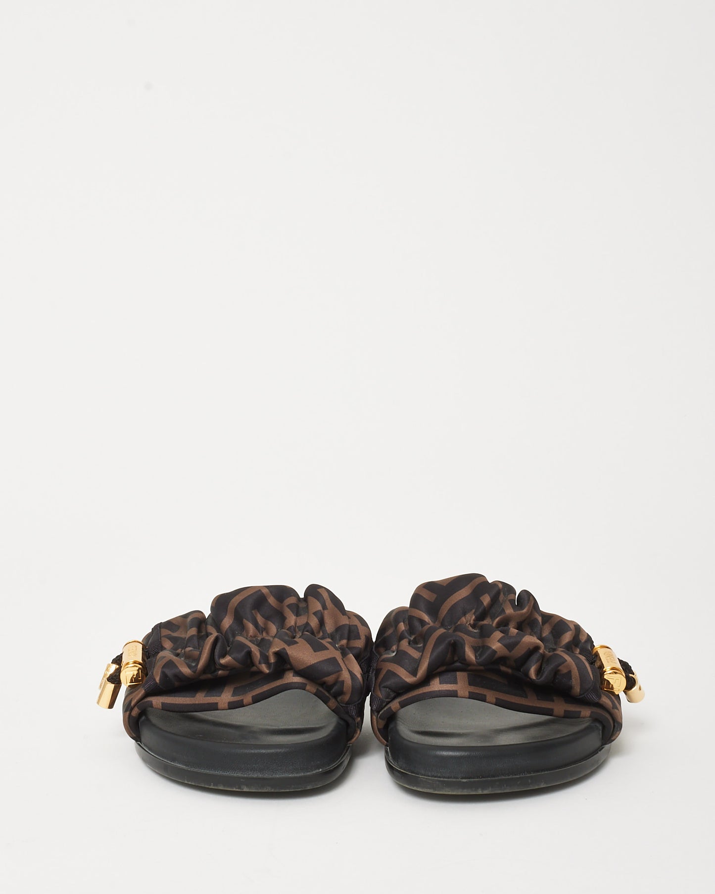 Fendi Brown FF Logo Satin Fendi Feel Slide Sandals - 35