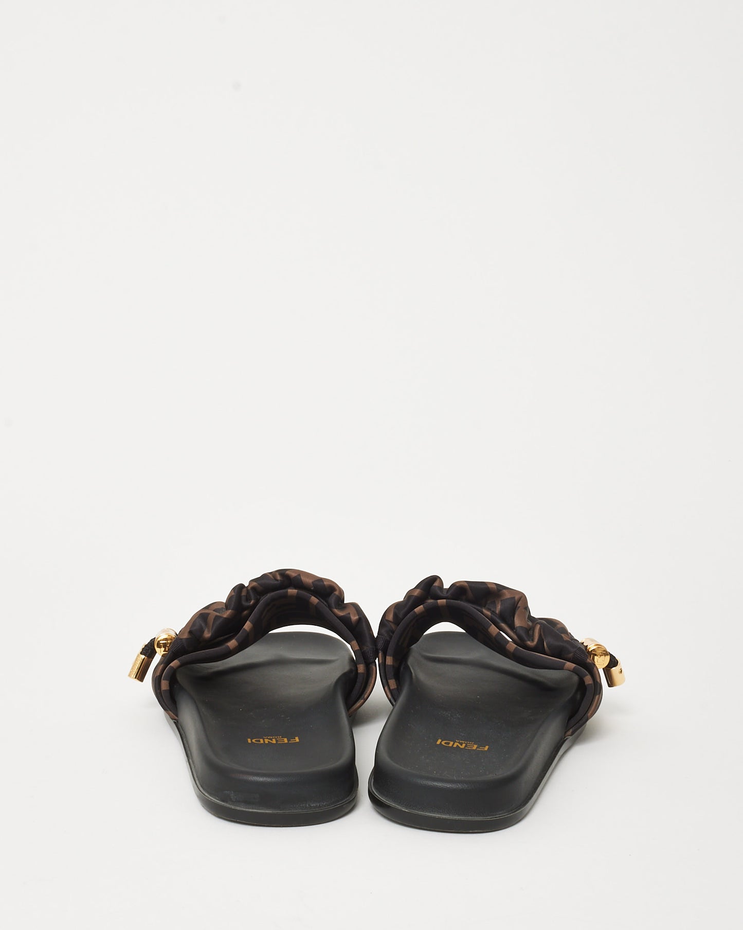 Fendi Brown FF Logo Satin Fendi Feel Slide Sandals - 35