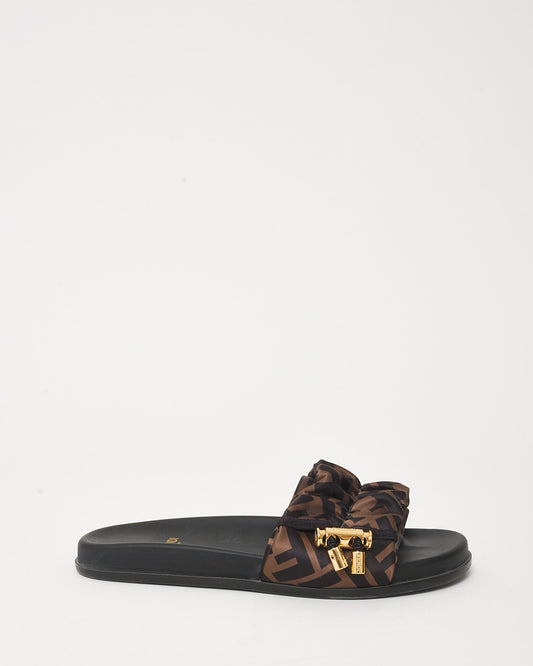 Fendi Brown FF Logo Satin Fendi Feel Slide Sandals - 35