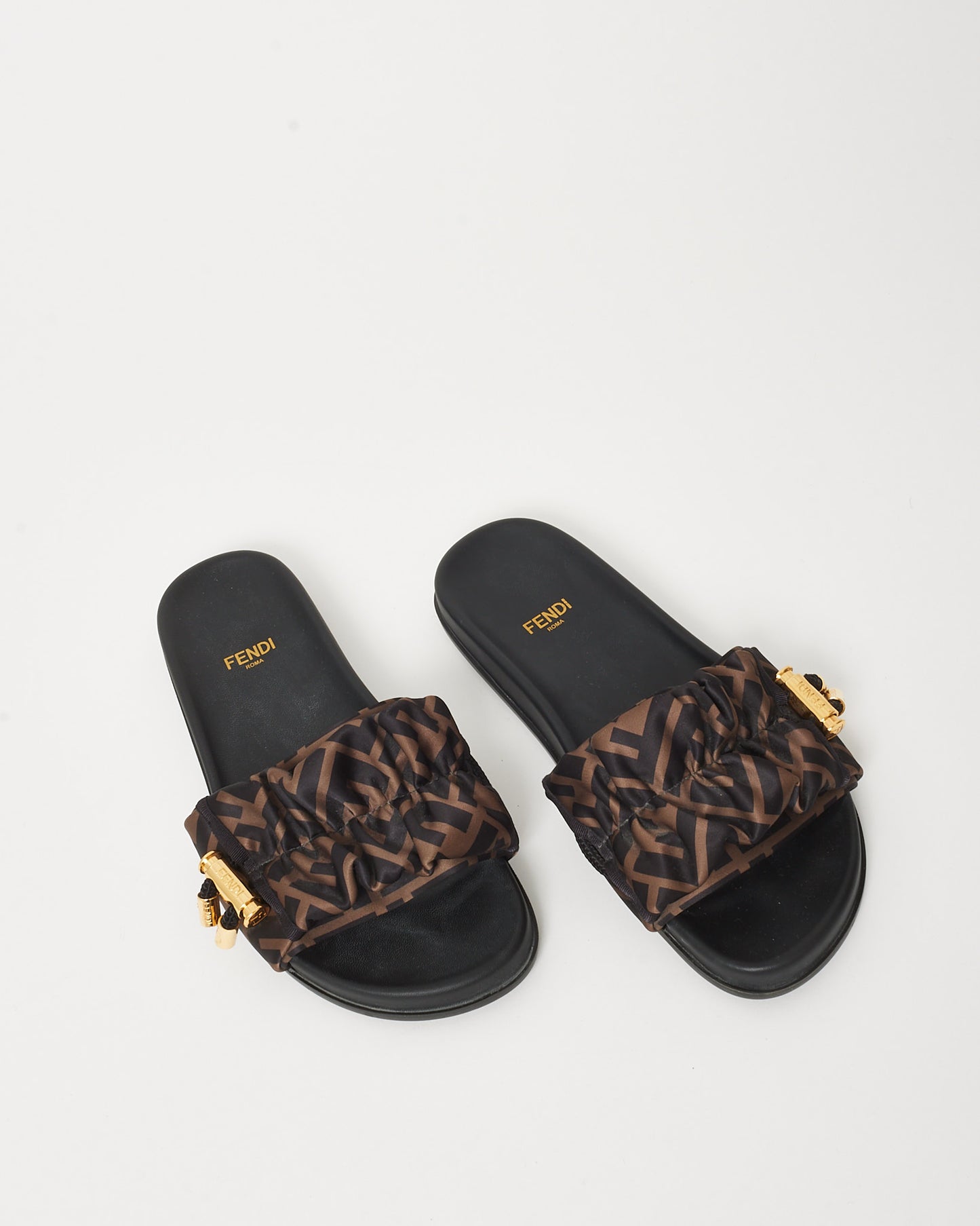 Fendi Brown FF Logo Satin Fendi Feel Slide Sandals - 35