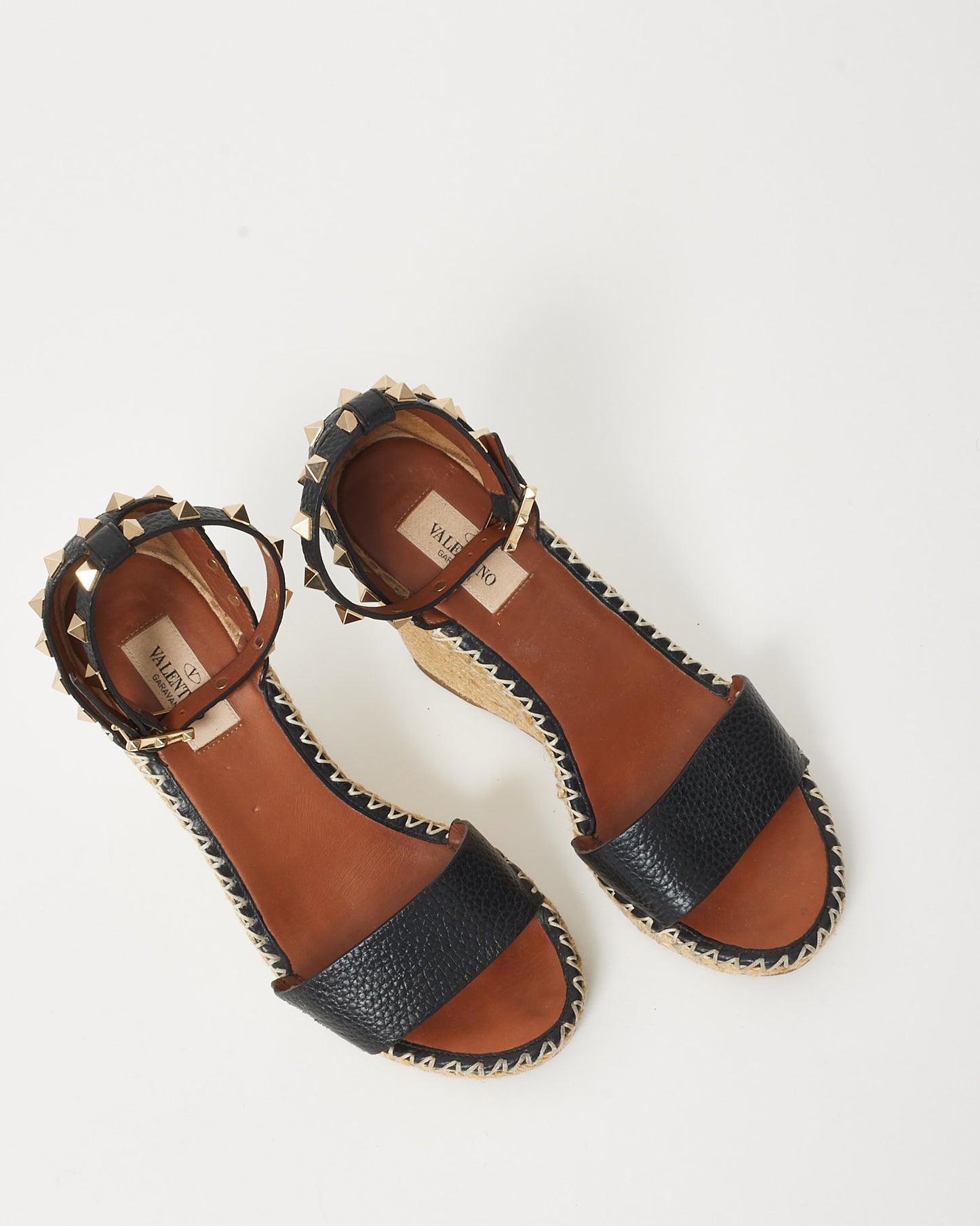 Valentino Black Leather Double Rockstud Espadrille Wedge Sandals 105mm - 37