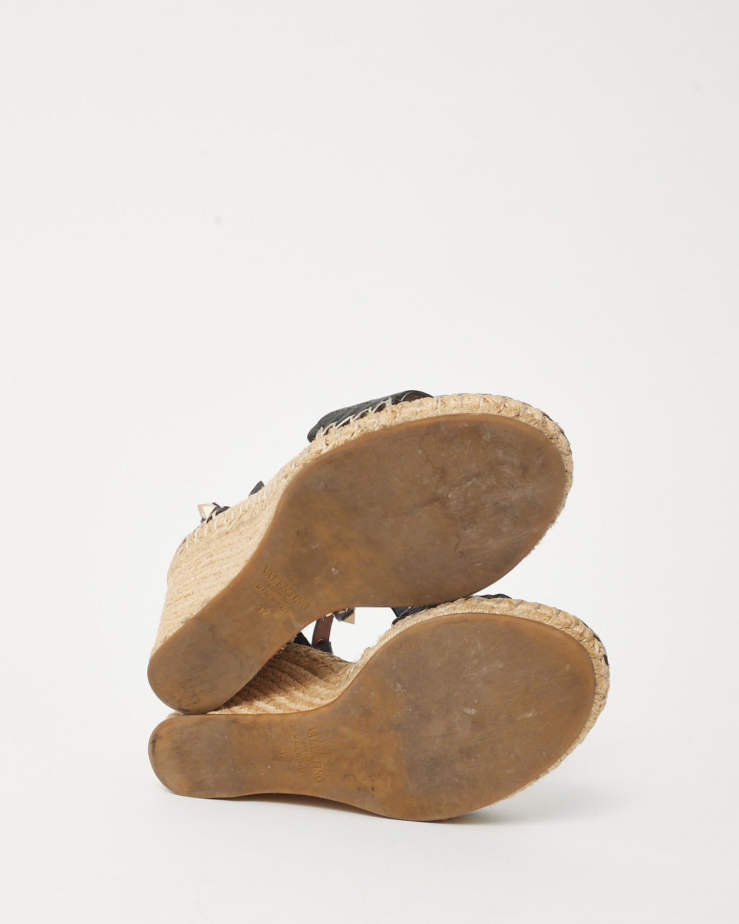 Valentino Black Leather Double Rockstud Espadrille Wedge Sandals 105mm - 37