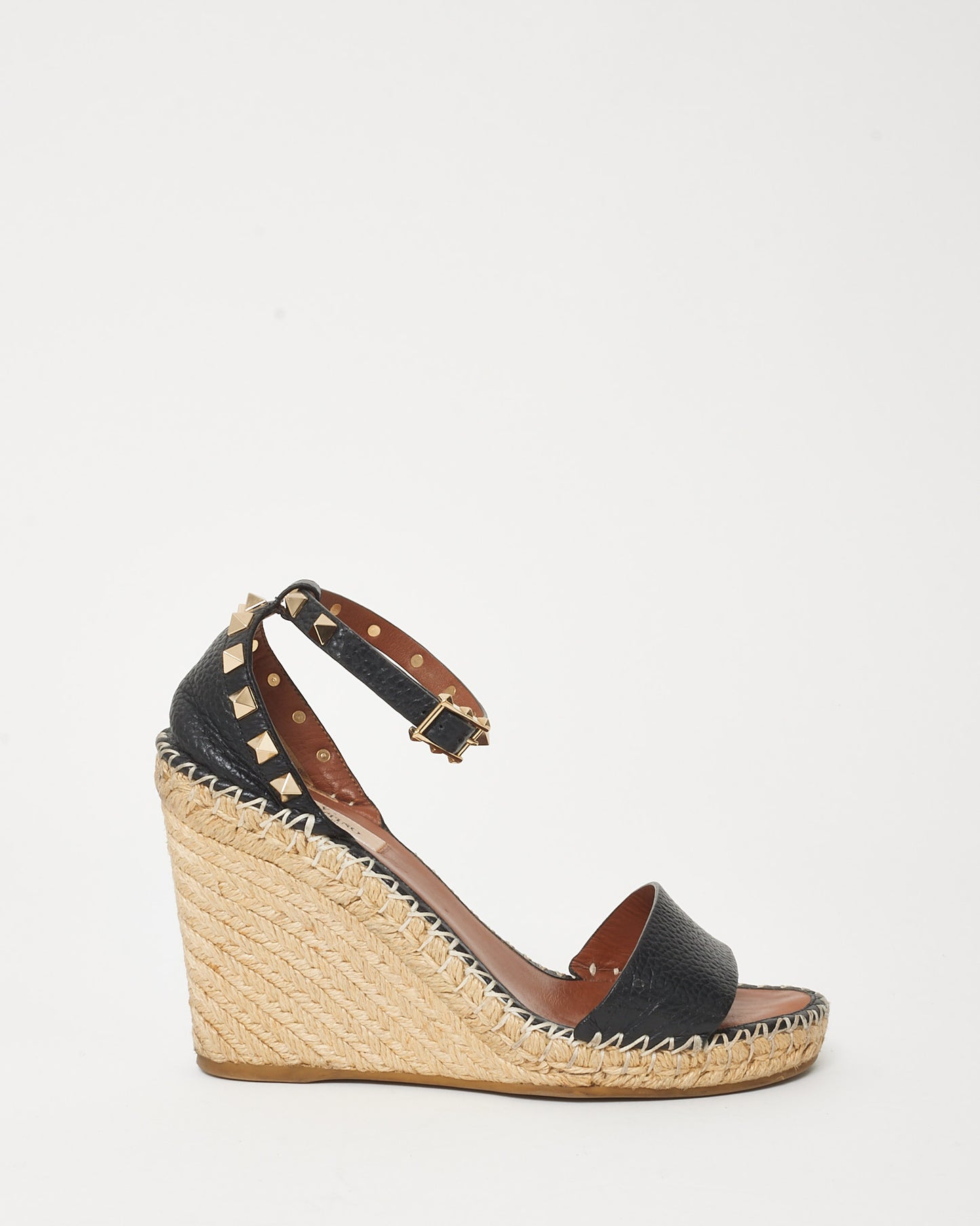 Valentino Black Leather Double Rockstud Espadrille Wedge Sandals 105mm - 37