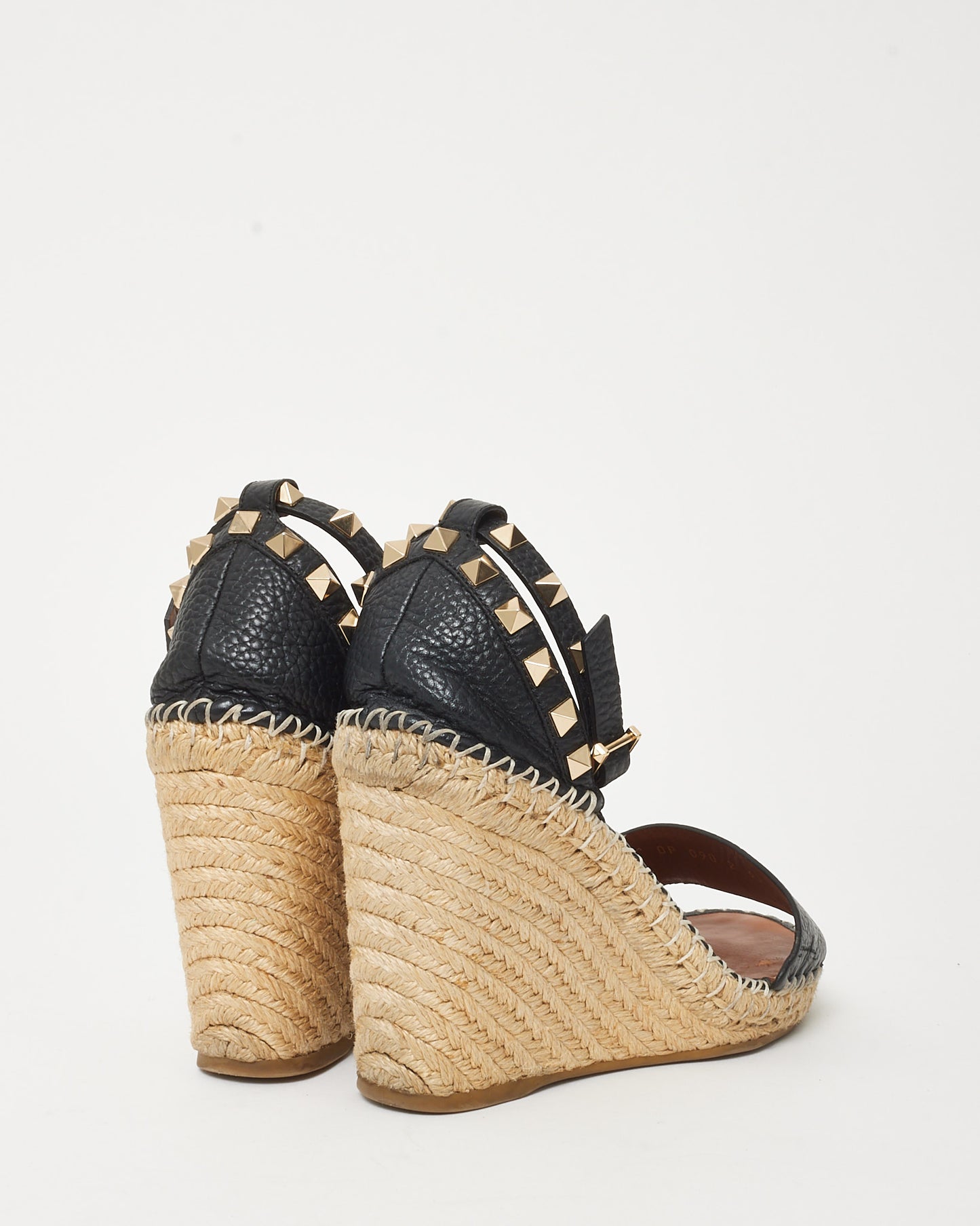 Valentino Black Leather Double Rockstud Espadrille Wedge Sandals 105mm - 37