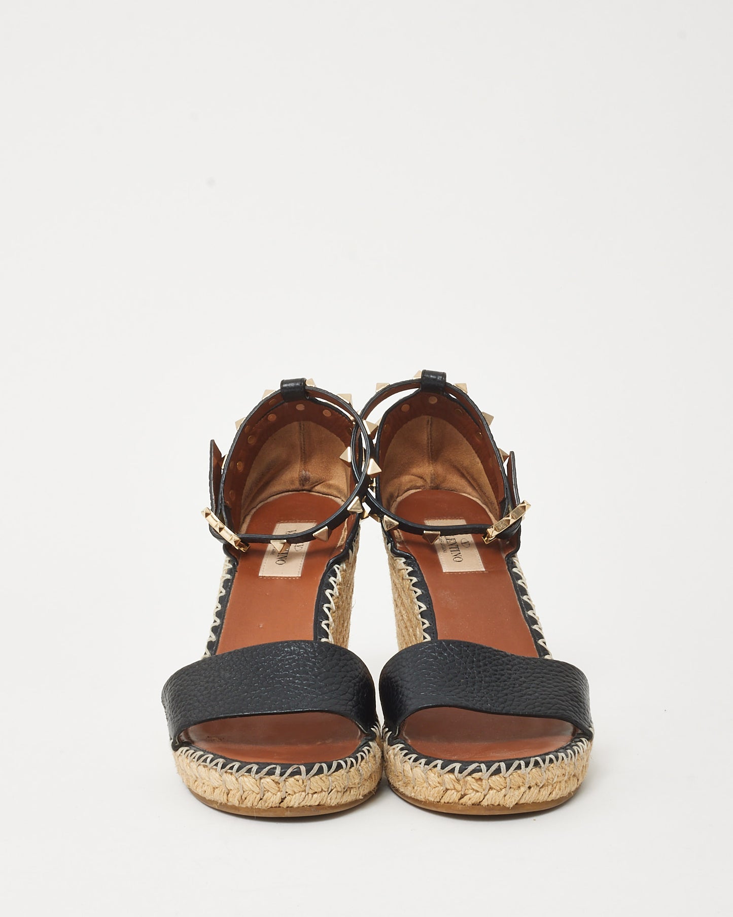 Valentino Black Leather Double Rockstud Espadrille Wedge Sandals 105mm - 37