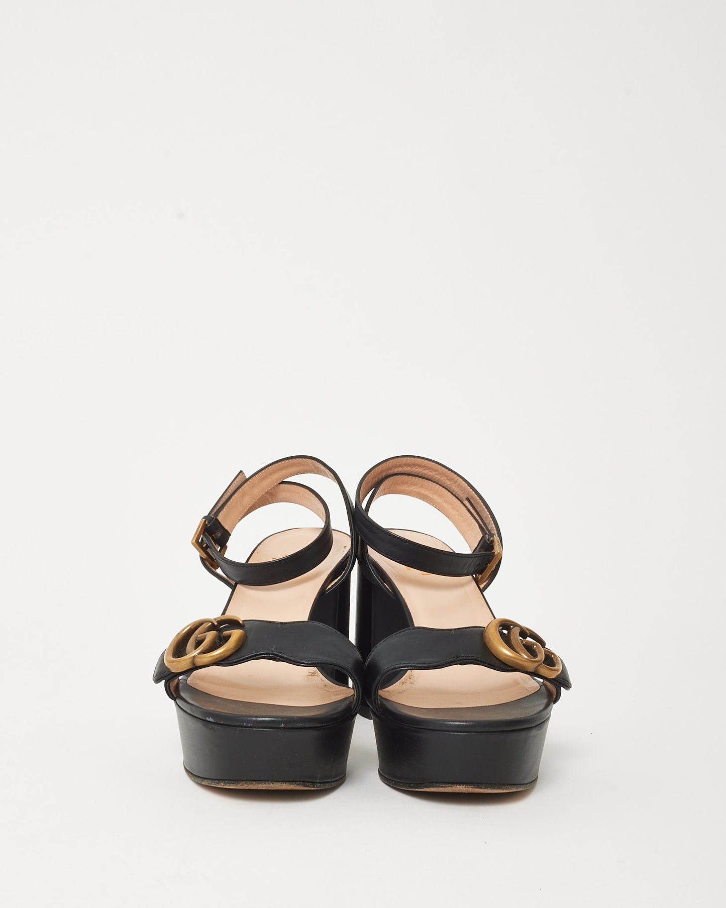 Gucci Black Leather Platform GG Marmont Block Heel Ankle Strap Sandals - 37