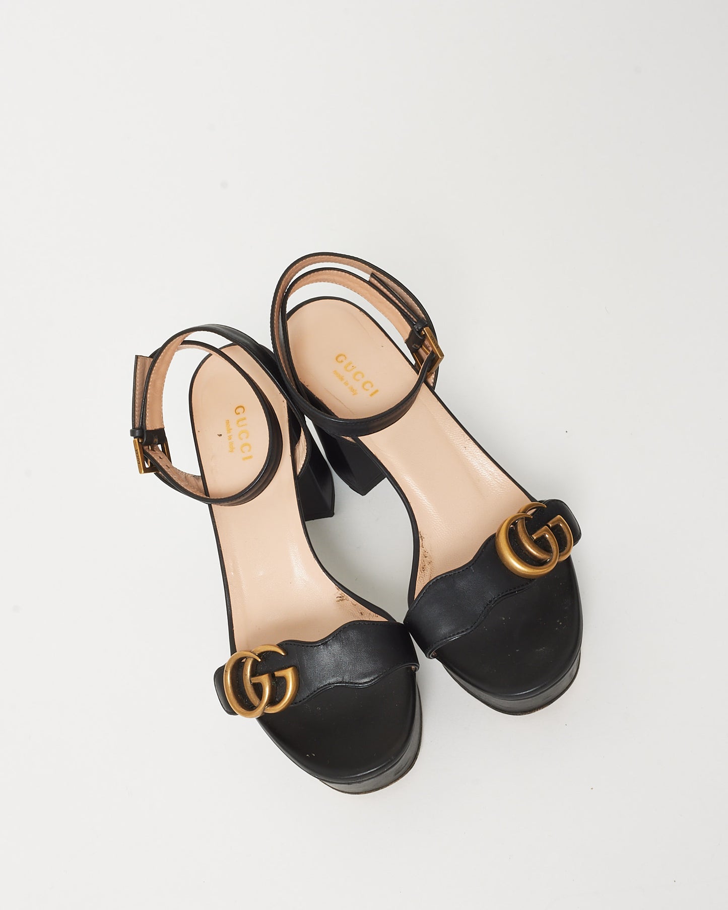 Gucci Black Leather Platform GG Marmont Block Heel Ankle Strap Sandals - 37