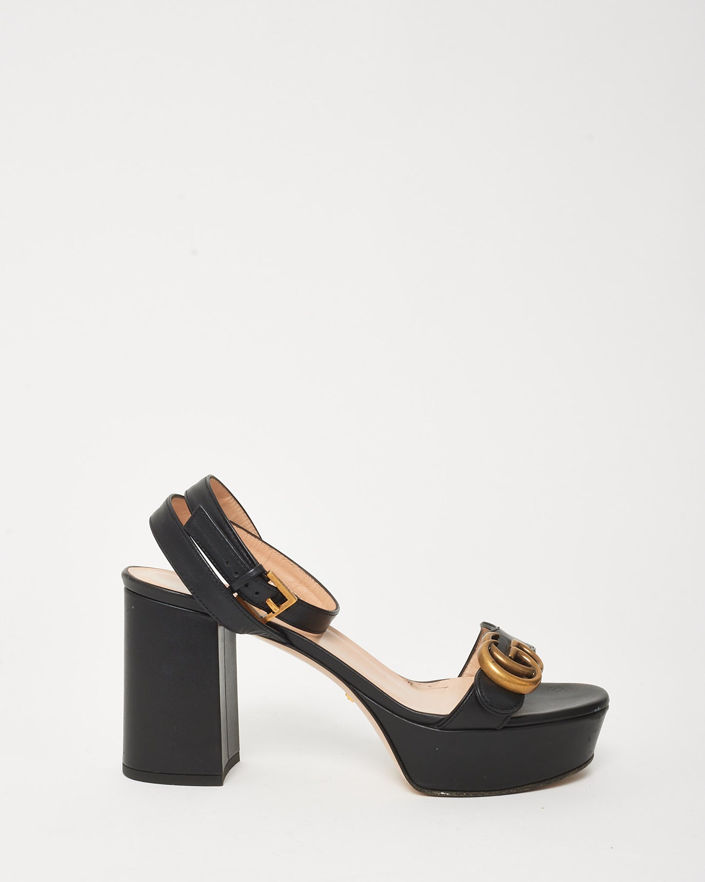 Gucci Black Leather Platform GG Marmont Block Heel Ankle Strap Sandals - 37
