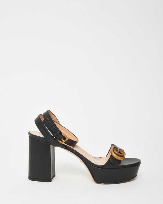 Gucci Black Leather Platform GG Marmont Block Heel Ankle Strap Sandals - 37