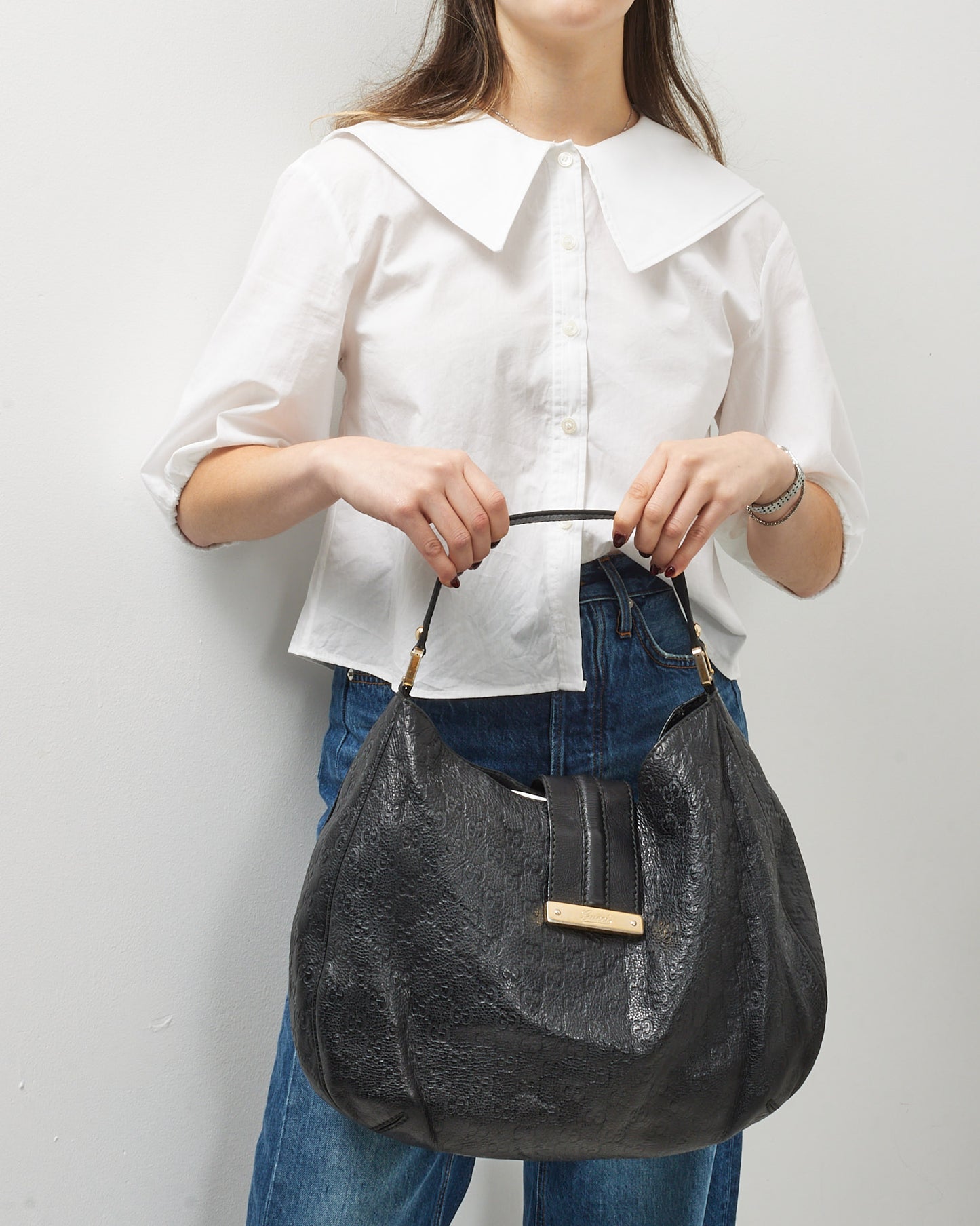 Gucci Black Guccissima GG Monogram Leather New Web Hobo Bag