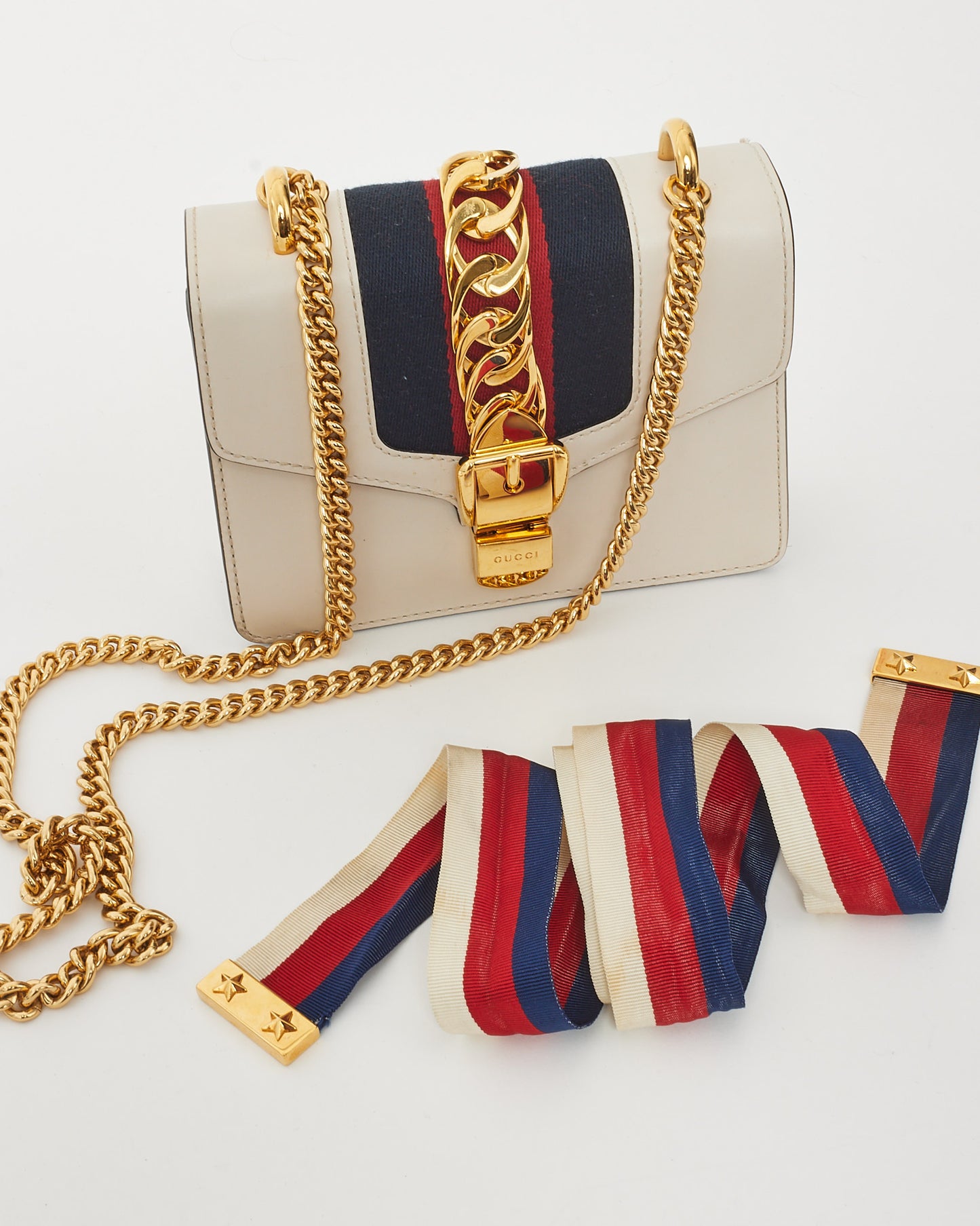 Gucci White Calfskin Leather Mini Sylvie Chain Shoulder Bag
