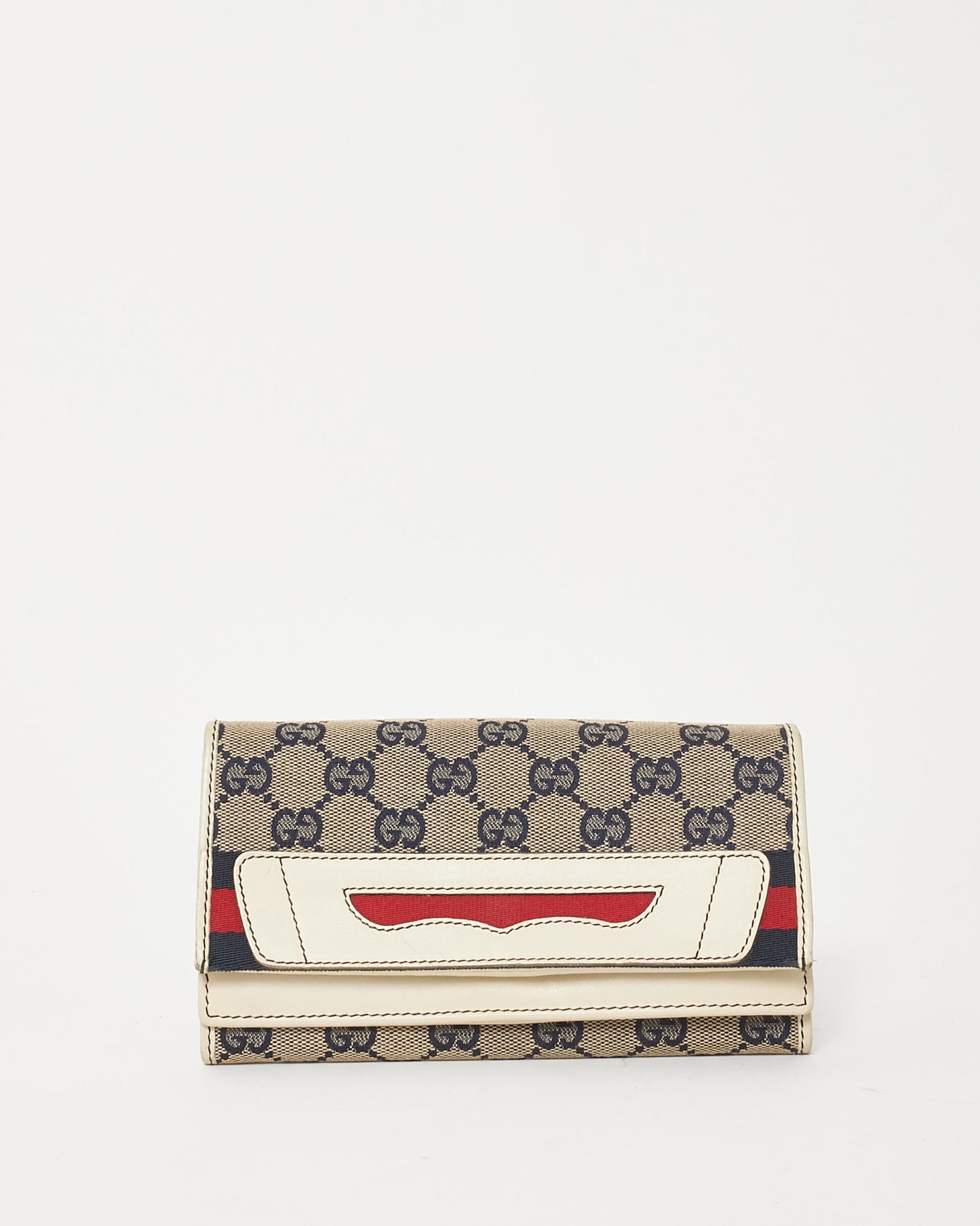 Gucci Vintage Navy and Beige Monogram GG Canvas Leather Trim Sherry Line Wallet