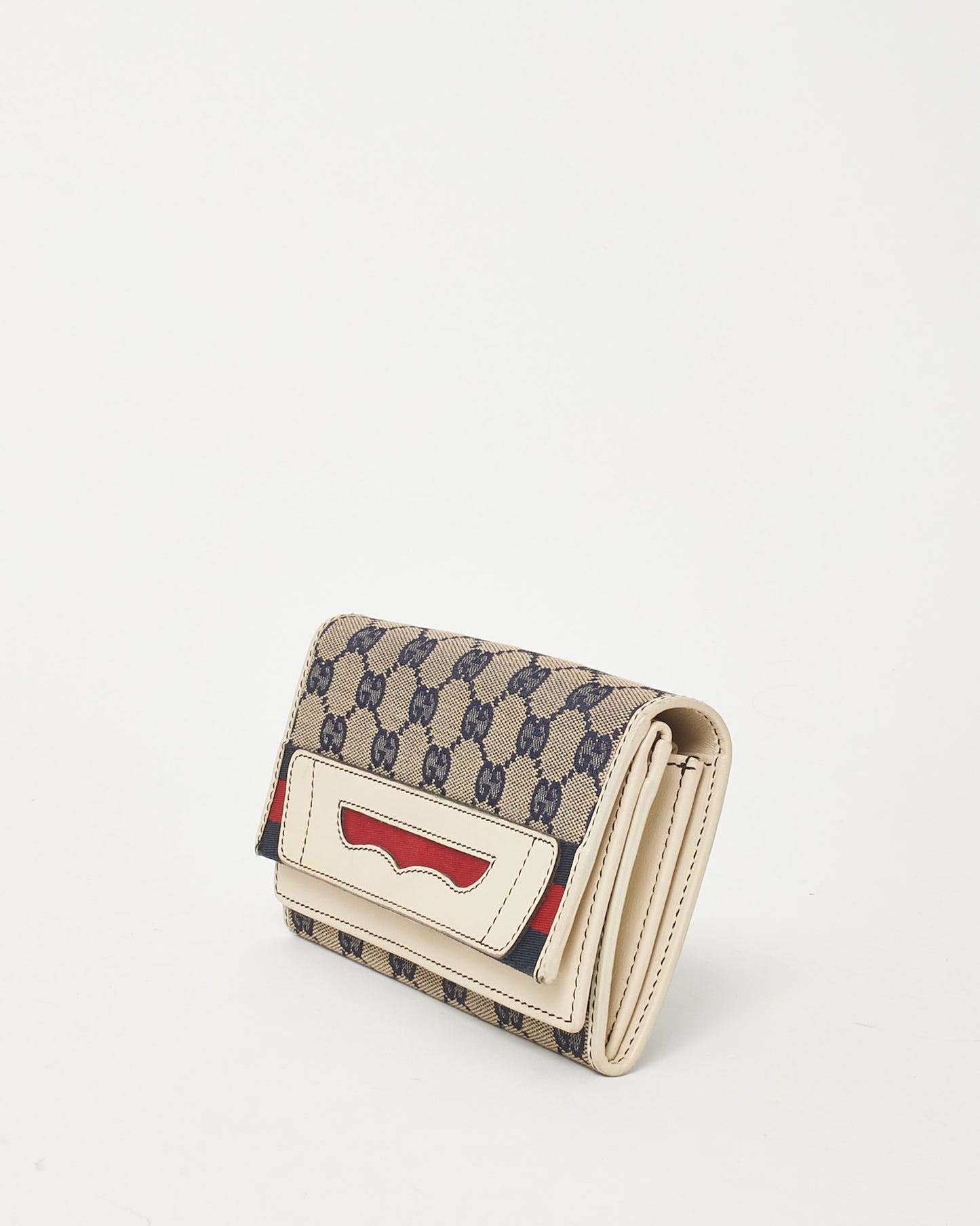 Gucci Vintage Navy and Beige Monogram GG Canvas Leather Trim Sherry Line Wallet