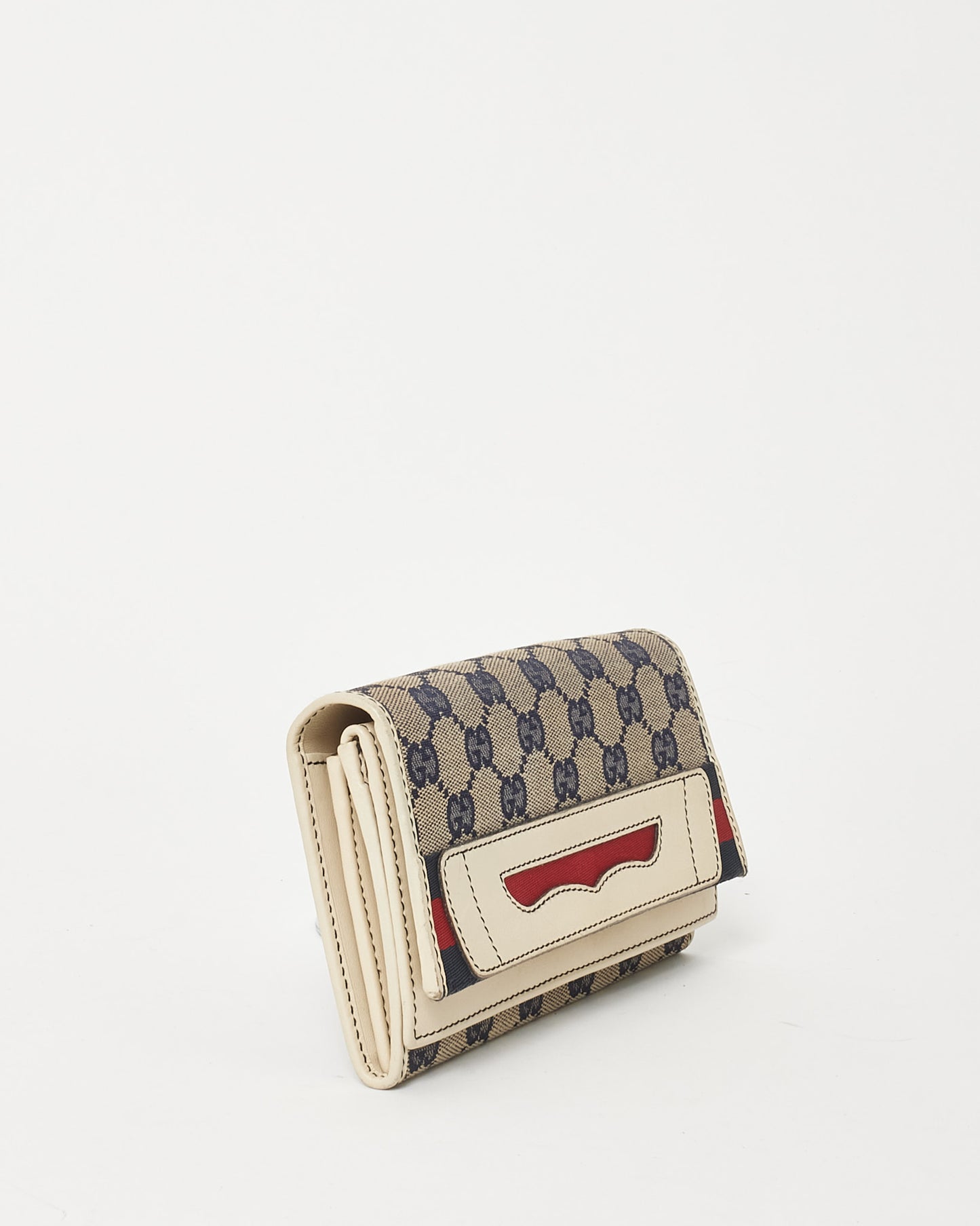 Gucci Vintage Navy and Beige Monogram GG Canvas Leather Trim Sherry Line Wallet