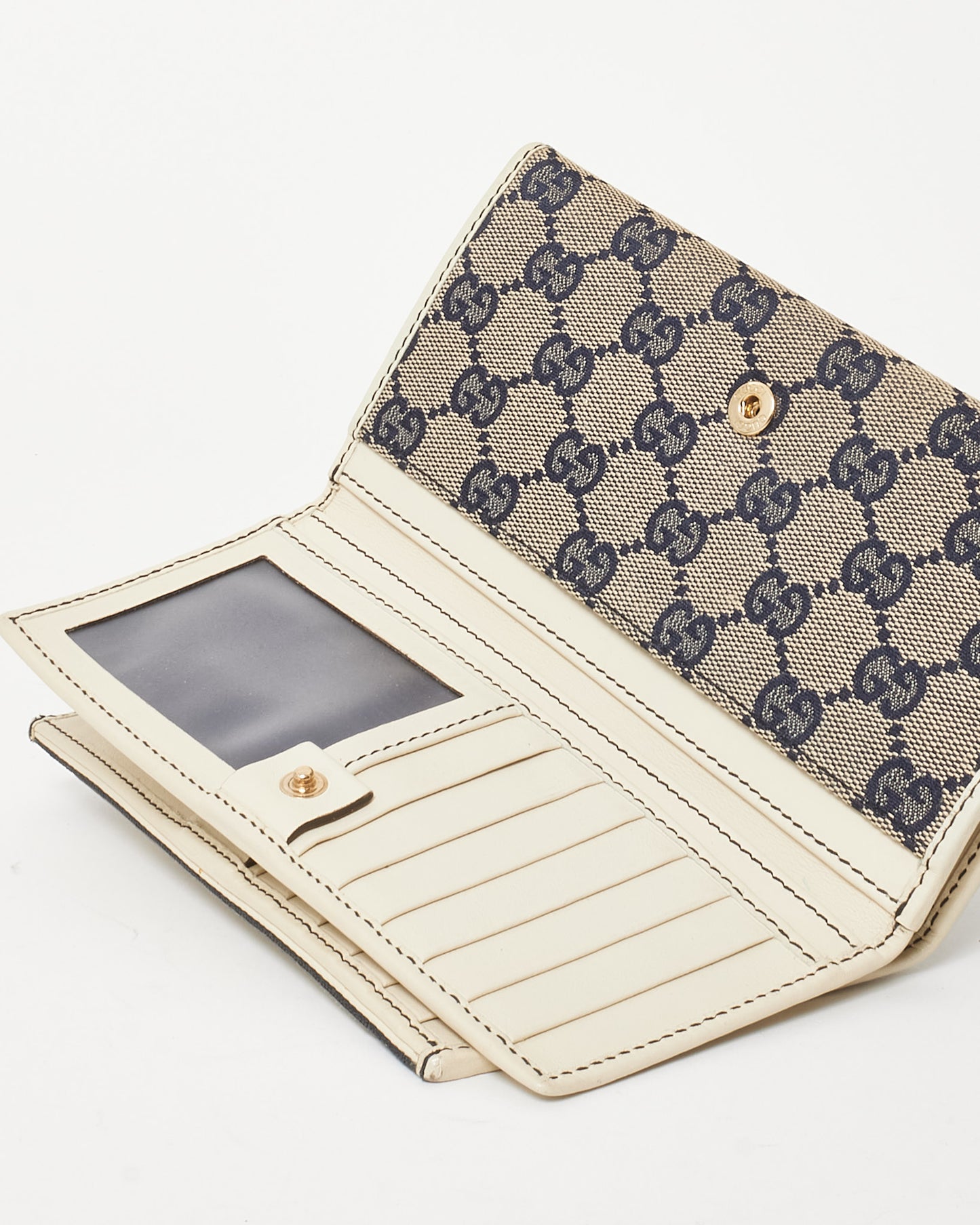 Gucci Vintage Navy and Beige Monogram GG Canvas Leather Trim Sherry Line Wallet