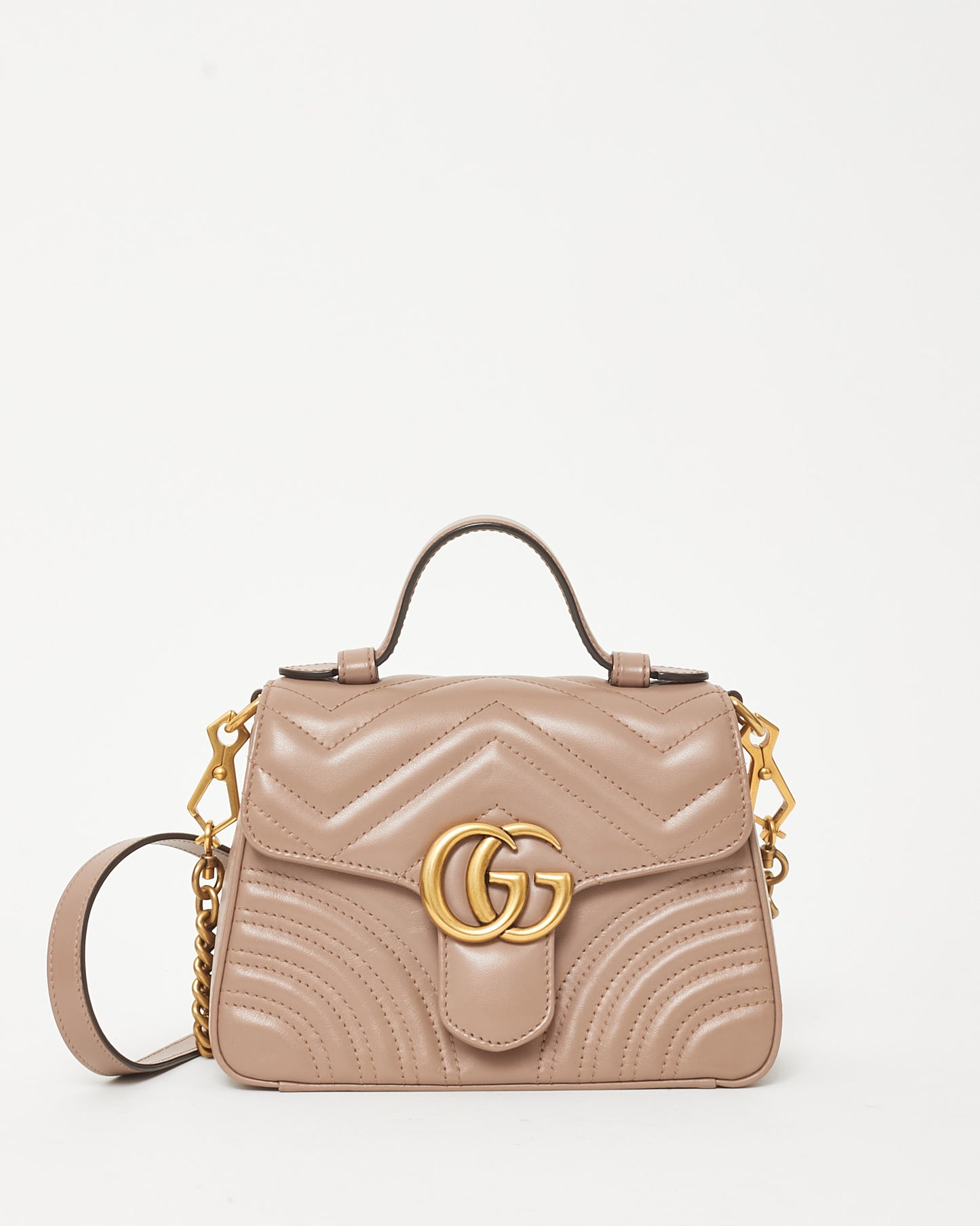 Gucci Beige Matelassé Leather Mini GG Marmont Top Handle Bag