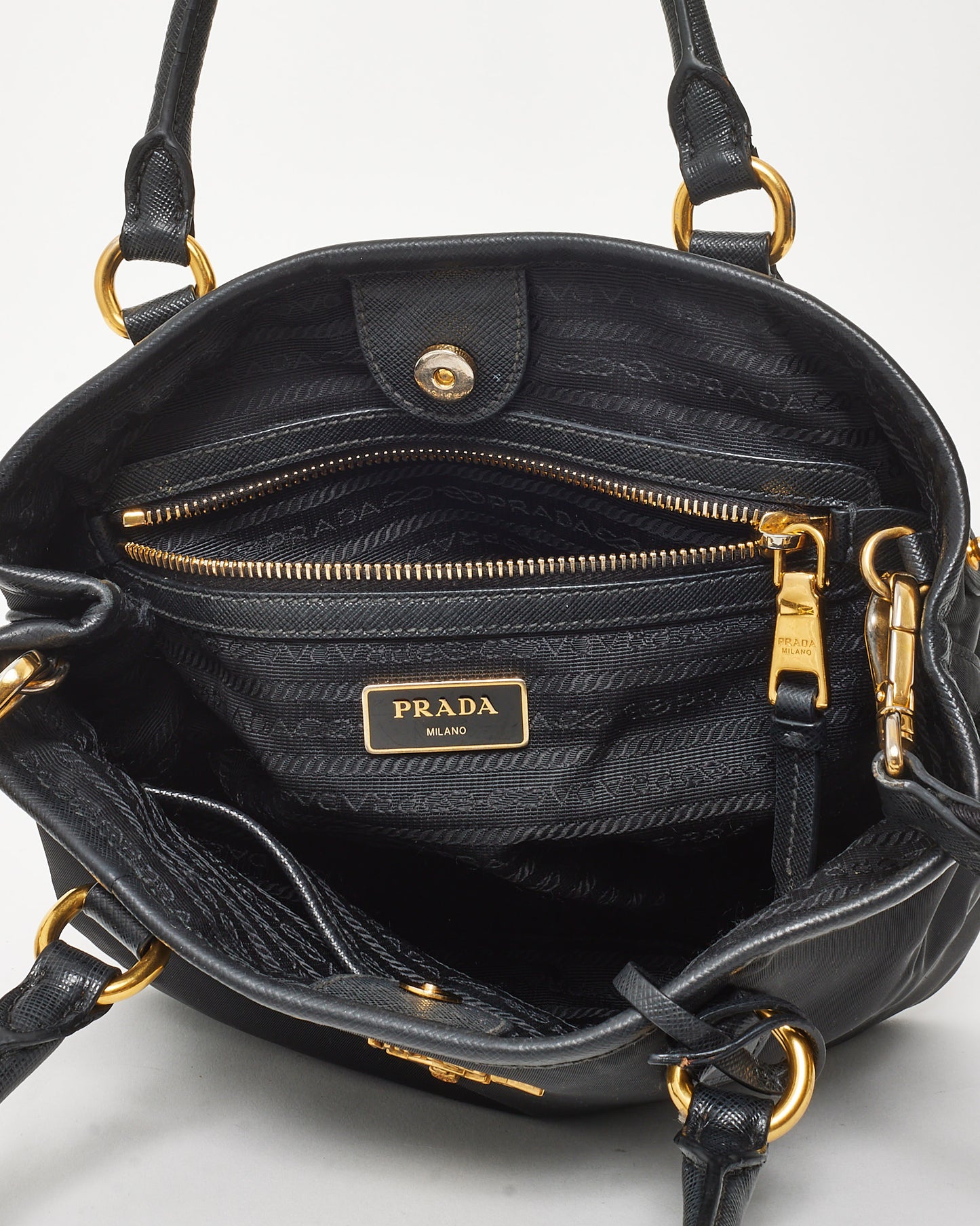 Prada Black Saffiano-Trimmed Tessuto Nylon Logo Top Handle 2Way Bag